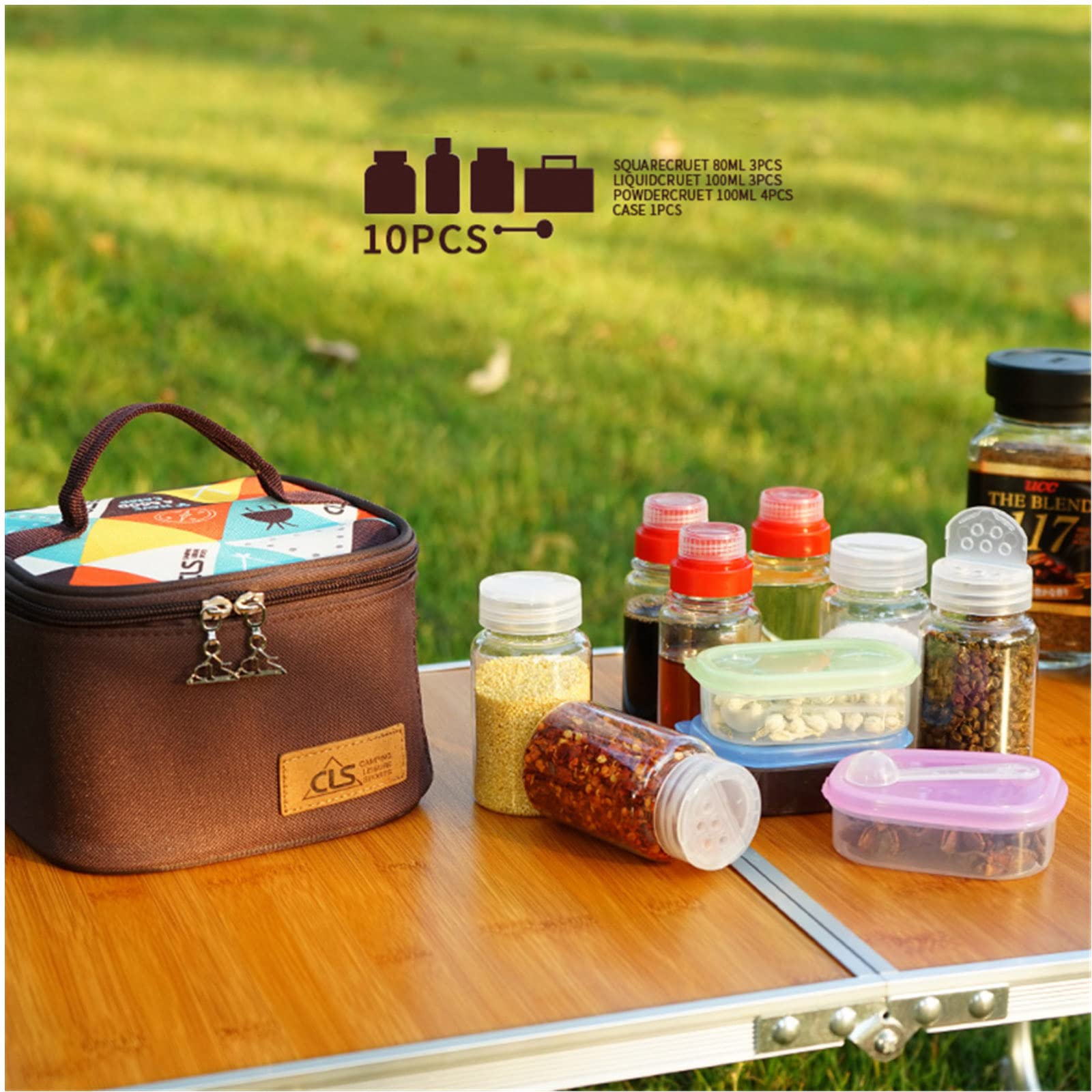 Joyeee Kit de recipientes de especias de viaje, 3 botellas de especias líquidas, 3 botellas de salsa, 4 cajas de especias con cuchara pequeña, bolsa de almacenamiento para camping barbacoa