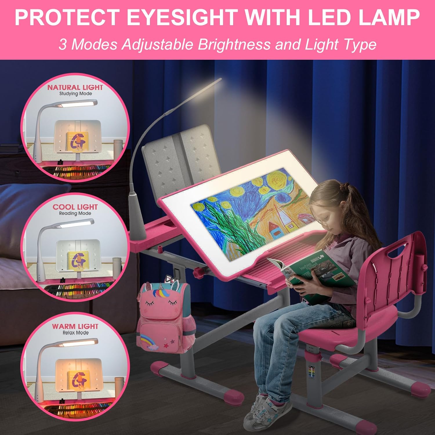BELANITAS Kids Desk and Chair Set 5-8 Years Old, 40 Degree Tiltable Desktop Desk for Kids, Height Adjustable Kid Desk with Lights,Girls Desk,Princess Pink