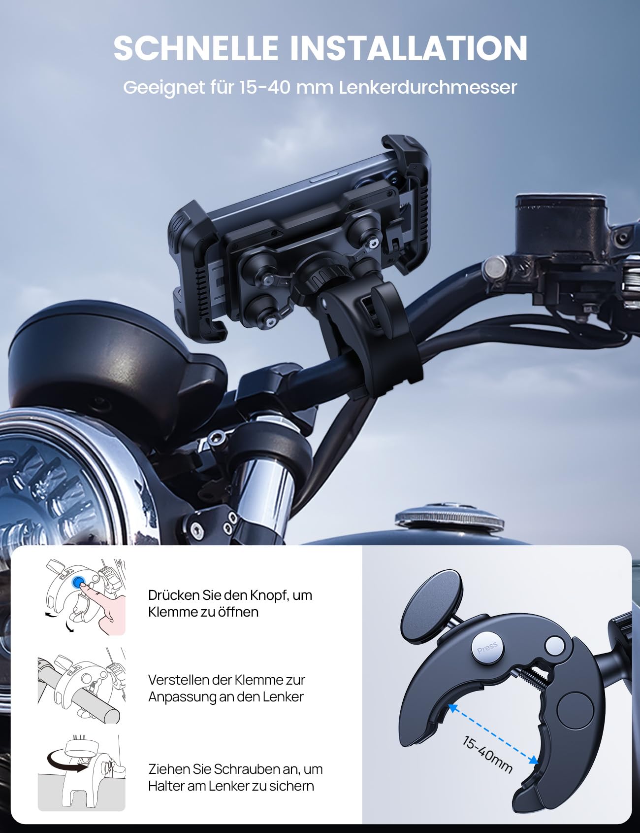 Lamicall Motorrad Handyhalterung, Handyhalter Fahrrad - [TOP Doppelt Vibrationsgedämpft] Handy Motorradhalterung, 360° Drehbare Lenker Halterung für iPhone 17 16 15 Pro Max Samsung 4,7-6,8" Smartphone