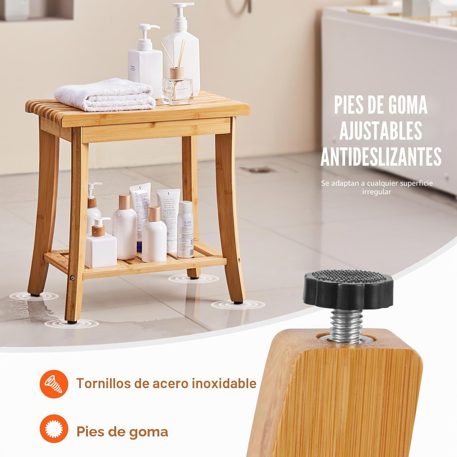 VEVOR Banco de Ducha de bambú, Silla de Ducha Impermeable de 19 Pulgadas con Estante de Almacenamiento, Almohadillas Antideslizantes, Capacidad de Carga de 330 Libras, Asiento de Silla de Ducha, para