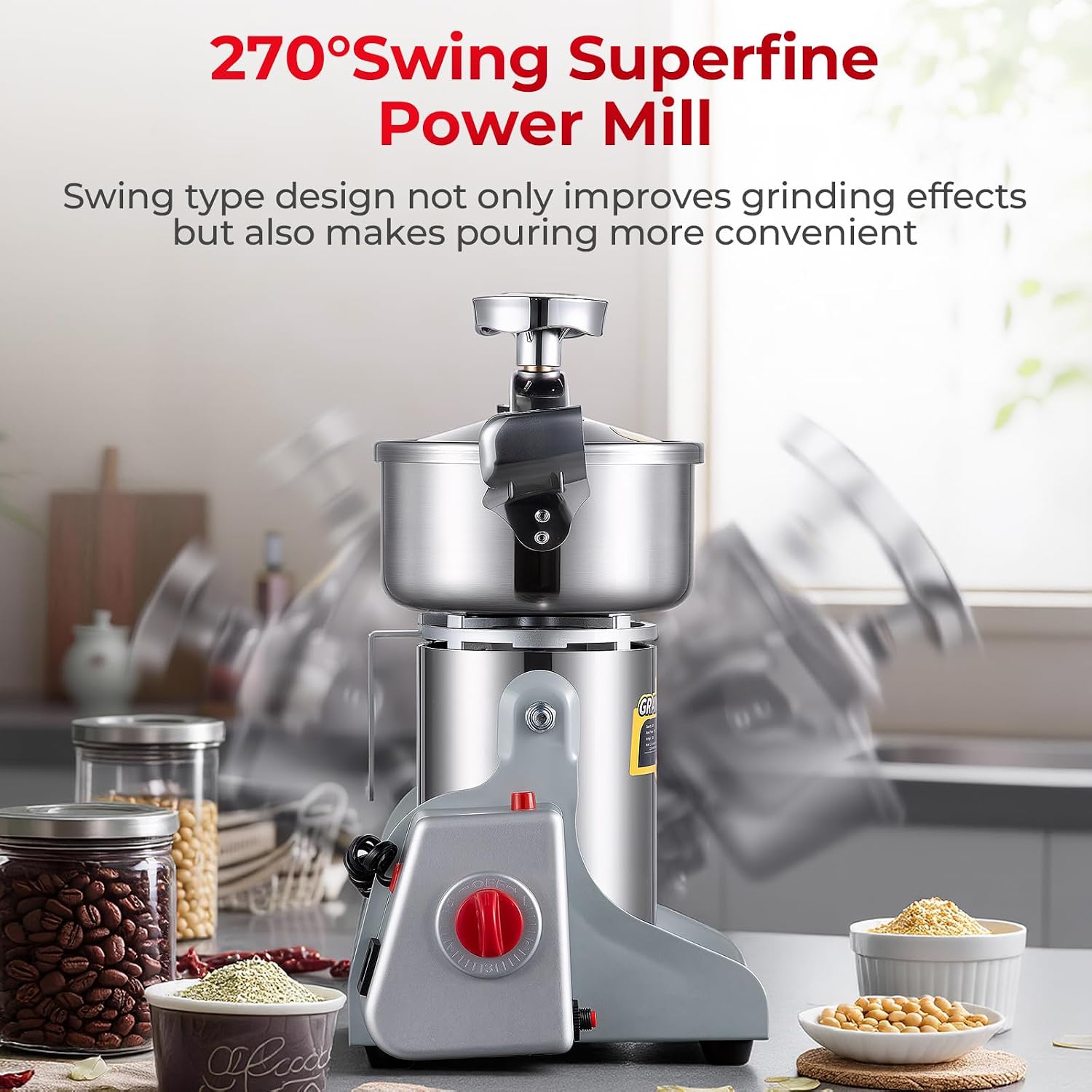 Grain Mill Grinder, 800g Electric Grain Mill for Flour, 3000W High-speed Wheat Grinder with Bottle-Cap Style Sealing Lid, 110V Commercial Powder Grinder for Dry Spice Bean Grains Coffee Pepper image 3
