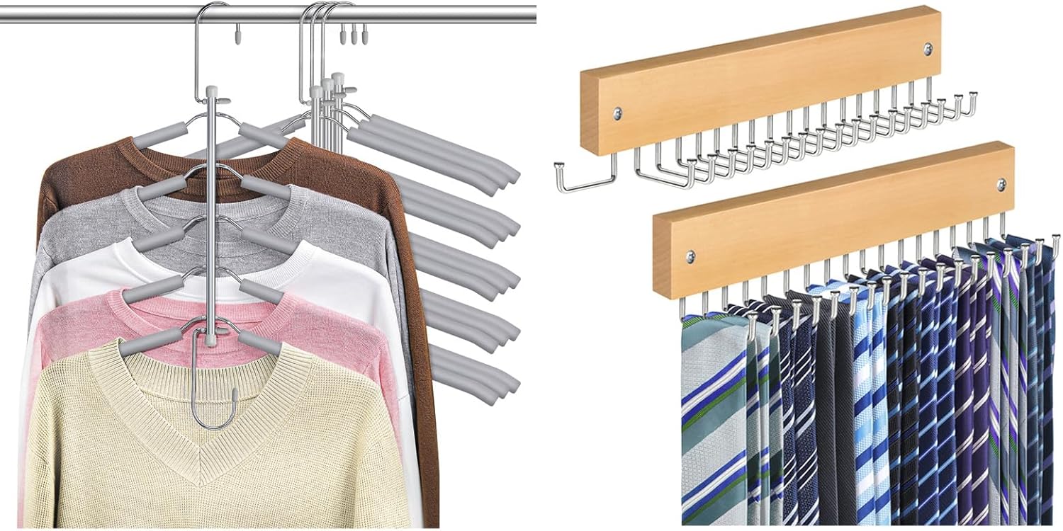 Tie Rack Belt Hanger Wall Mounted Non Slip 180 Degree Rotating Belt Organizer for Closet Natural 2 Pack, Clothes Hangers Space Saving Shirt Hangers Shirt Organizer for Closet Grey 4 Pack