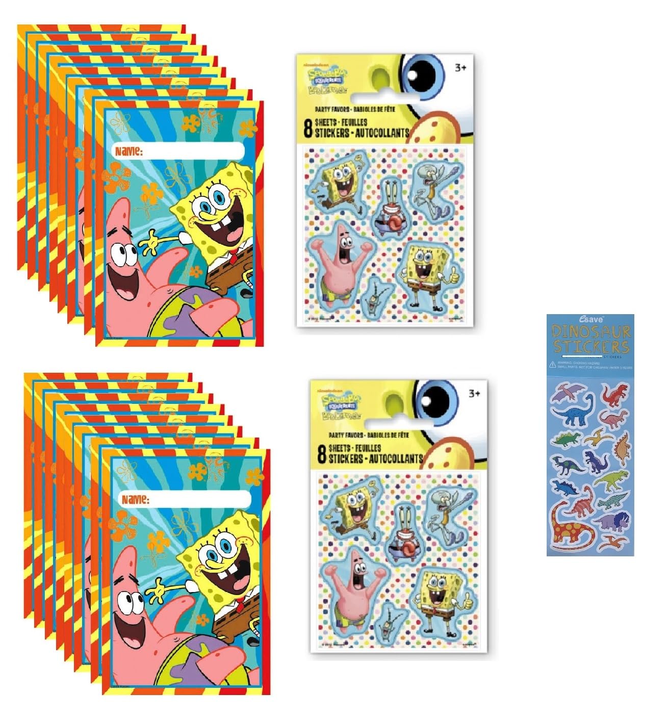 Spongebob Squarepants Birthday Party Supplies Bundle Includes 16 Loot Bags, 16 Sticker Sheets, 1 Dinosaur Sticker Sheet