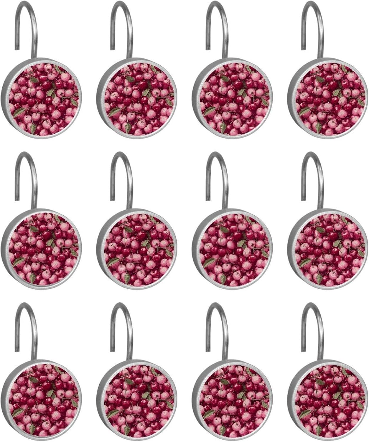 Set of 12 Shower Curtain Hooks, Shower Curtain Rings Crystal Glass Decorative Bathroom Hook, Pink Cherry Patter (1)