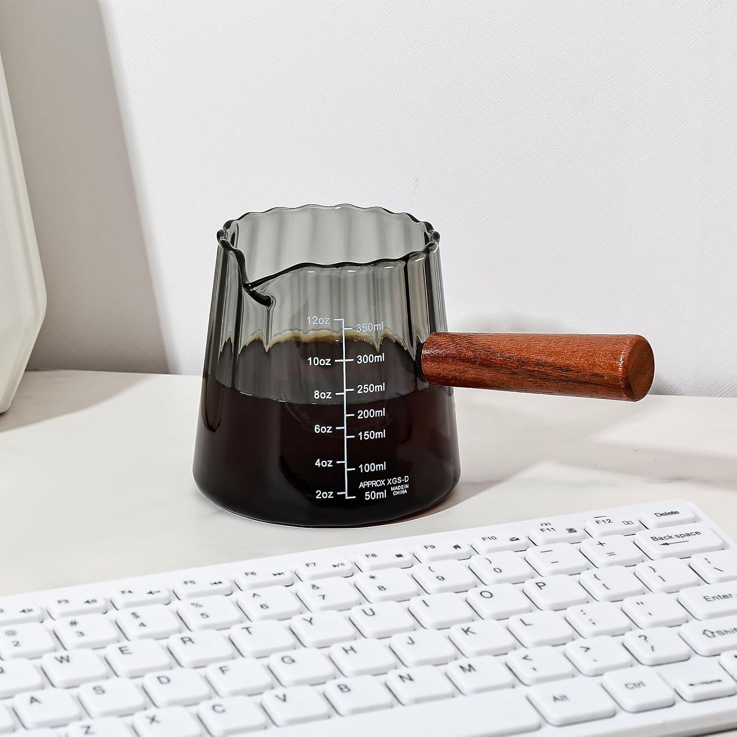 Glass Measuring Cup, 12oz Pour Over Coffee Maker with Wood Handle
