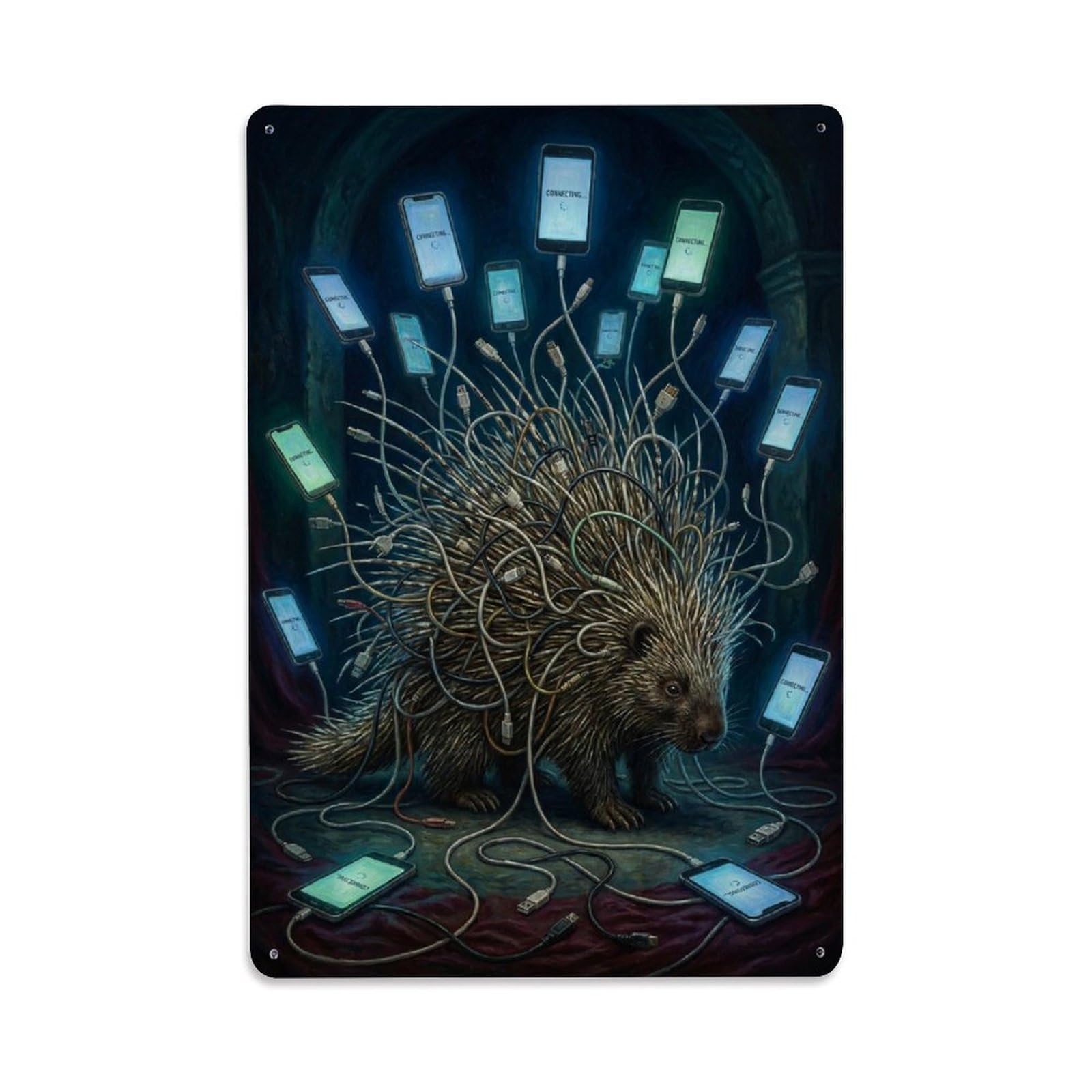 Safari Wildlife Hedgehog Phone Cable Lonely Satire Surreal Metal Tin Sign Plaque Wall Decor for Cafe, Man Cave, Club Bar, Office, Home Garden Round Metal Poster 8x12Inch