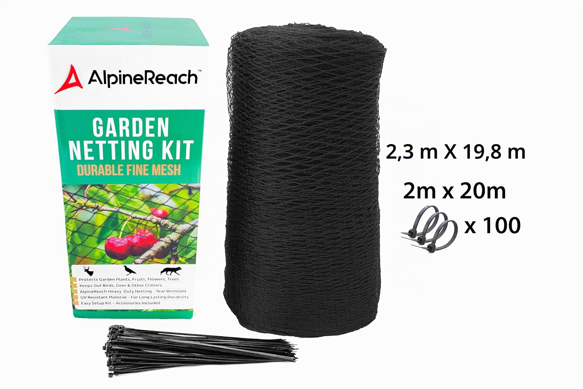 AlpineReach 2m x 20m Vogelschutznetz Gartennetz Feinmaschig (15 x 15mm) Extra Stark Gewebtes Netz, Vogelnetz, Obstbaumnetz, Katzennetz, engmaschig Laubnetz, Kabelbinder, Wiederverwendbar, Schwarz