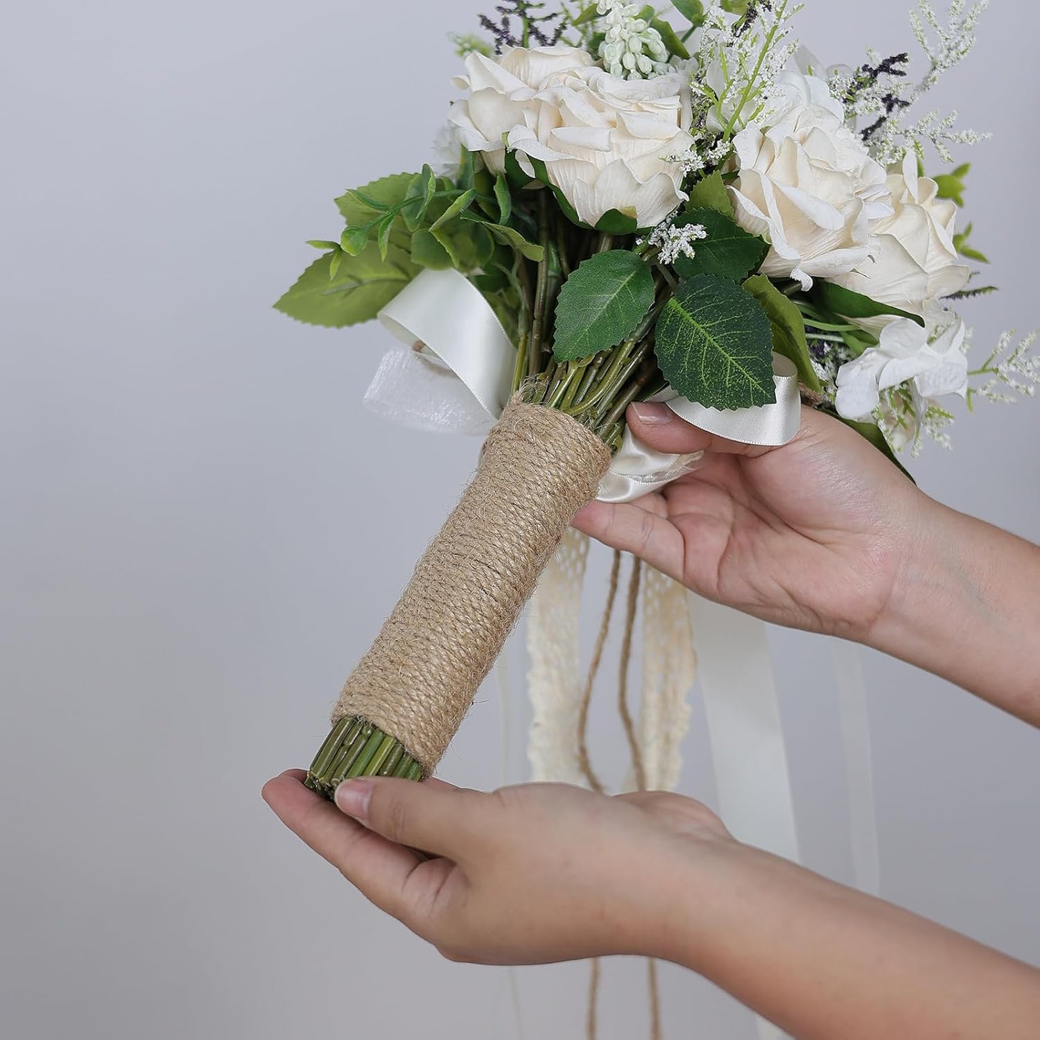 Wedding Bouquets Large for Bride Bridesmaid,White Champagne Artificial Roses Flowers for Wedding Church Decoration (9.5in) - Image 6