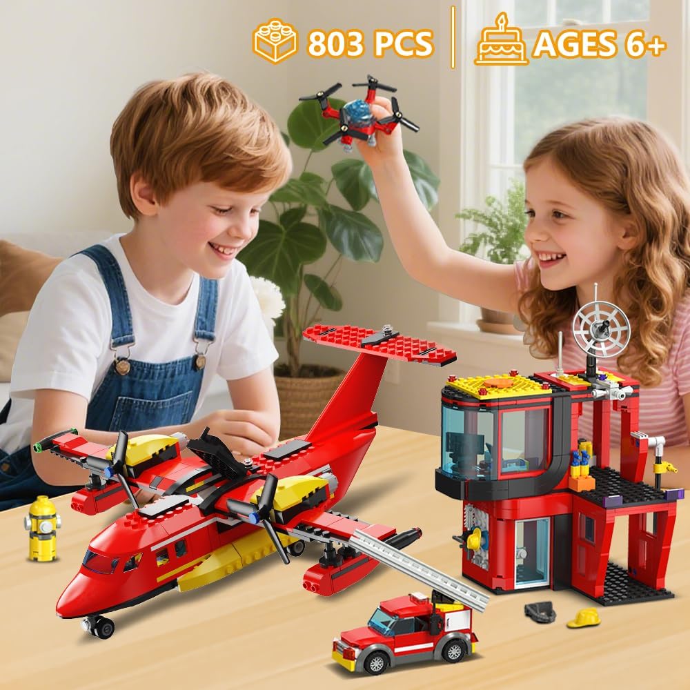 HiWEEGO 3 in 1 City Fire Rescue Plane Building Set, 803 PCS Airplane Building Blocks Kits Toys with Helicopter Fire Station & Truck, Birthday for 6+ Kids Boys Girls Fans of Firefighter