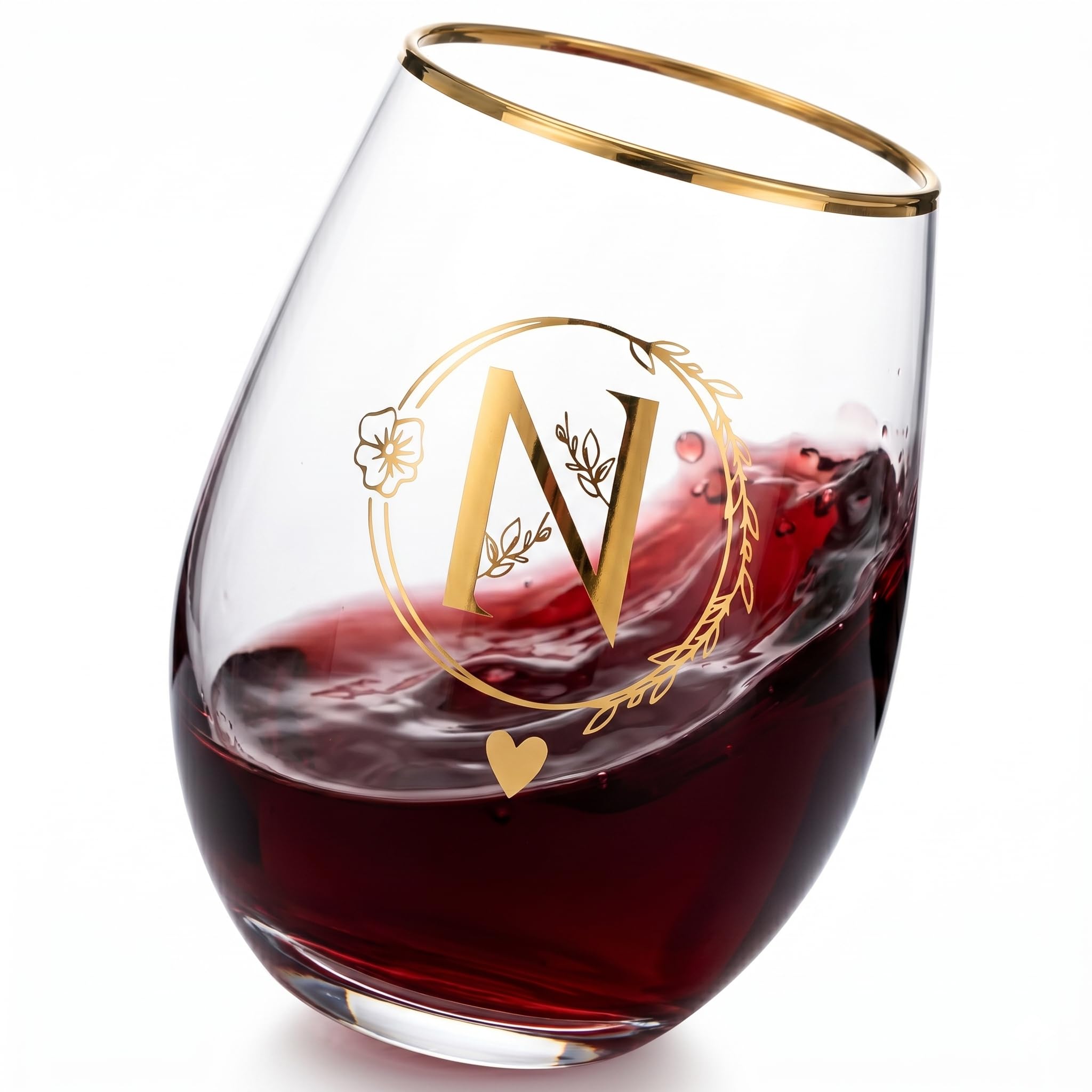 DIQUENEW Letter A-Z Wine Tumbler, 15oz Glass Cup, Gold Printed, Gift for Women, Bachelorette Party, Maid of Honour (N)