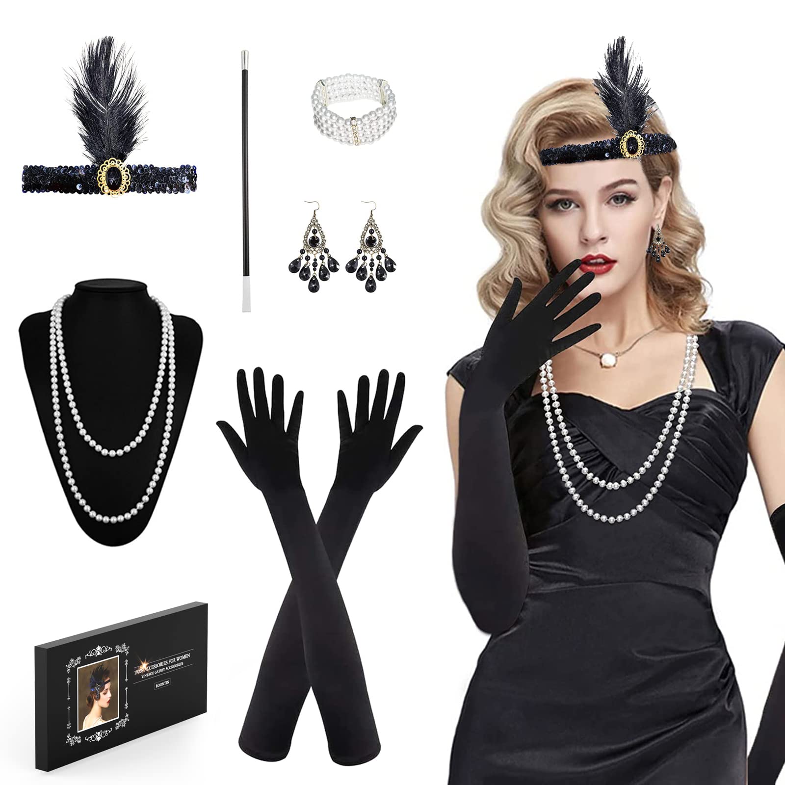 Vintage 1920s Flapper Great Gatsby Accessories - Fashion Roaring 20's Theme Set with Headband Headpiece, Long Black, 8 Pieces