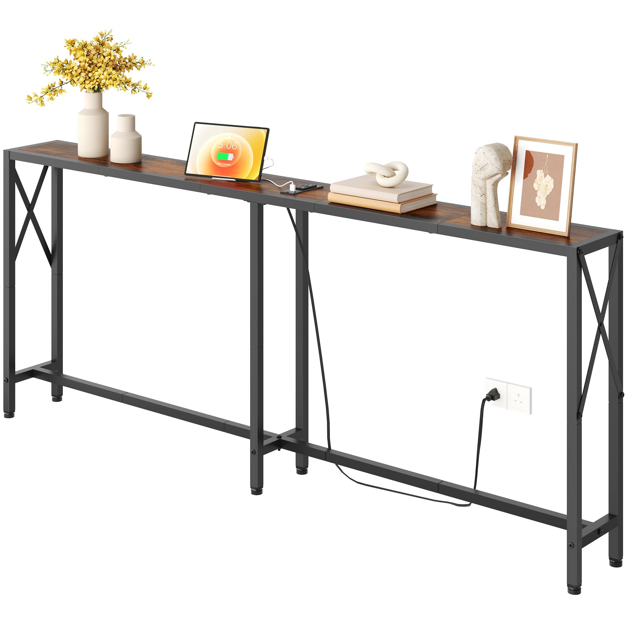 70 in Skinny Sofa Table Behind Couch, Console Table with Oulets & USB Ports for Hallway, Entryway,Living Room, Bedroom, Rustic Brown