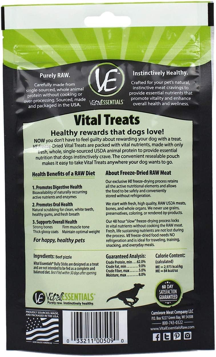 Vital Essentials Bully Sticks (5Count Each) All-Natural Freeze-Dried Beef Dog Treats Promotes Dental & Oral Health Quick Chew for All Dogs Great for Light Chewers, Puppies Or Senior Dogs - 3 Pack