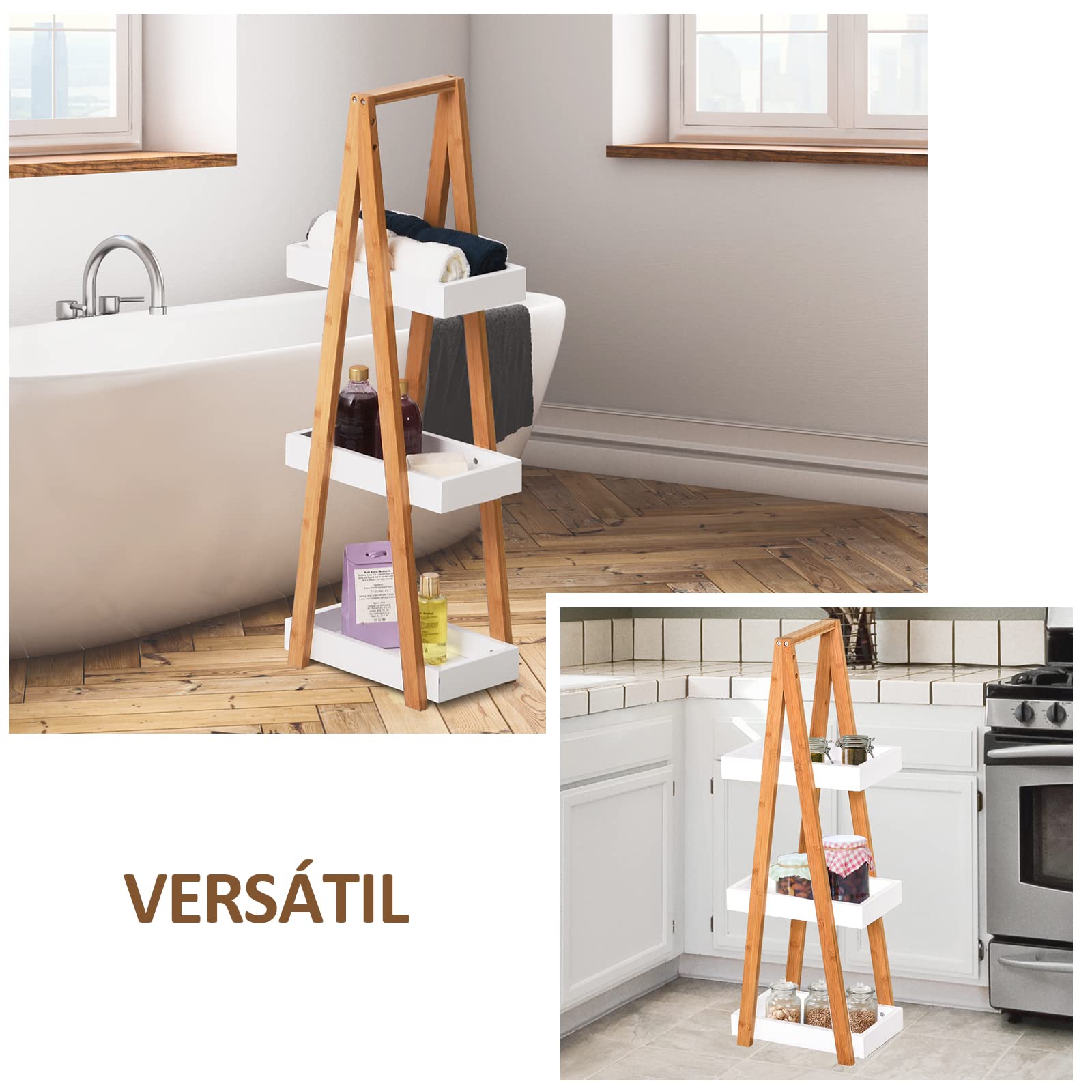 kleankin Estantería de Baño de Bambú Forma de A 30x18x81cm Natural y Blanco | 3 Estantes, Estantería de Almacenaje
