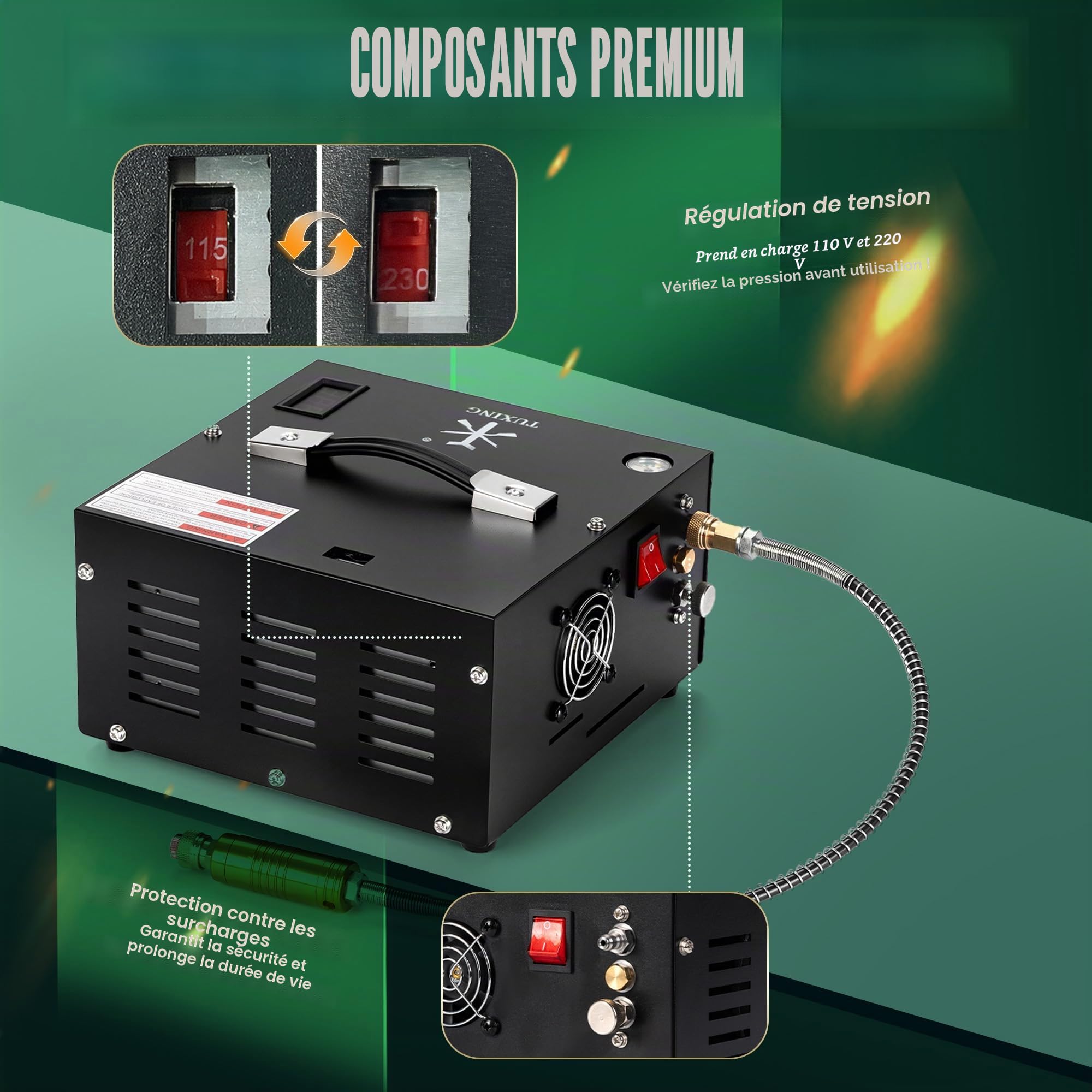 TUXING Compresseur d'air PCP 4500Psi, Compresseur d'air ajustable haute pression alimenté par voiture 12V DC ou maison 220V AC avec adaptateur (inclus), Pompe pour Scuba Tank