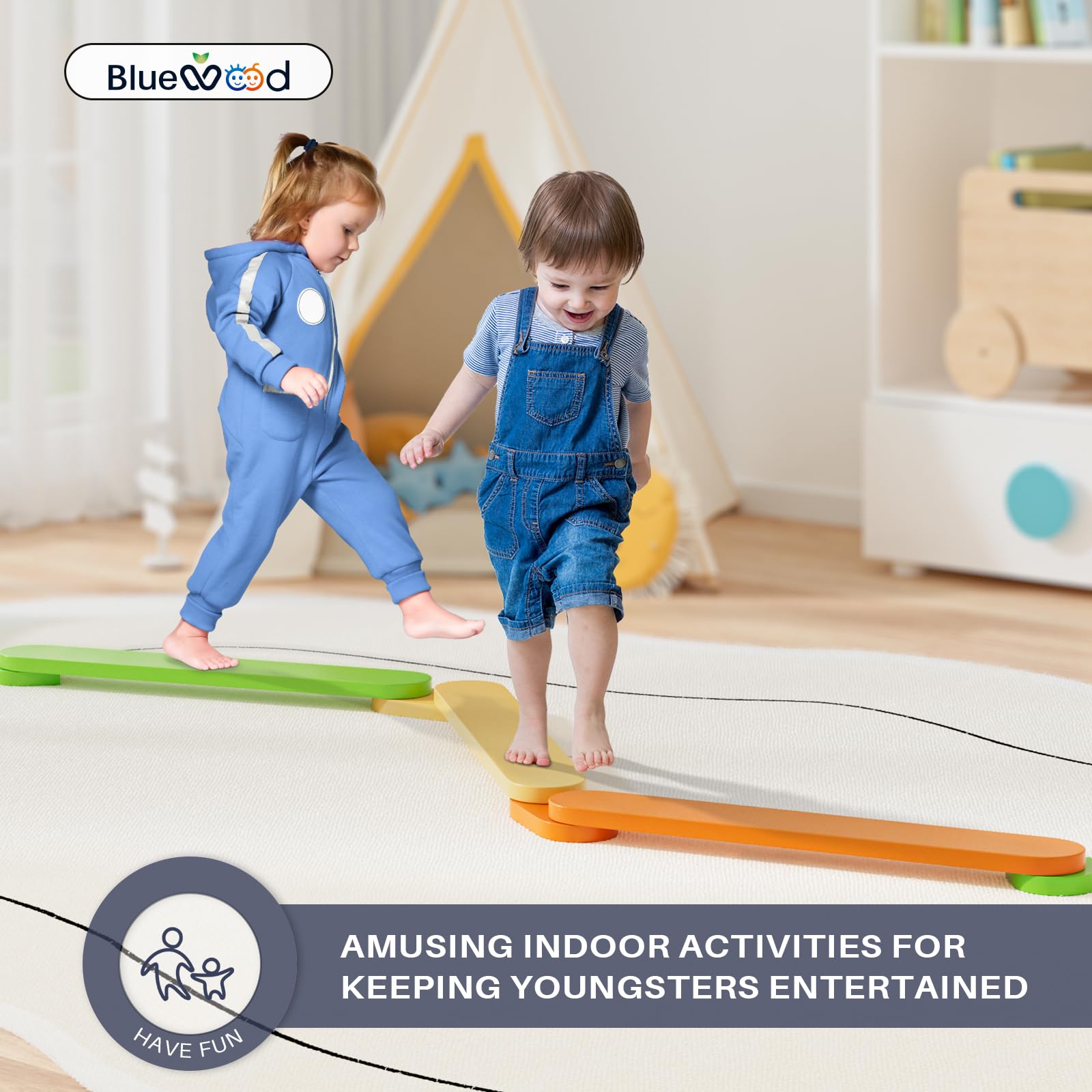 BlueWood Wooden Balance Beam, 3pcs Toddler Wood Balance Toy, Montessori Stepping Stones for Girls Boys, Build Coordination and Gross Motor Skills for Kids