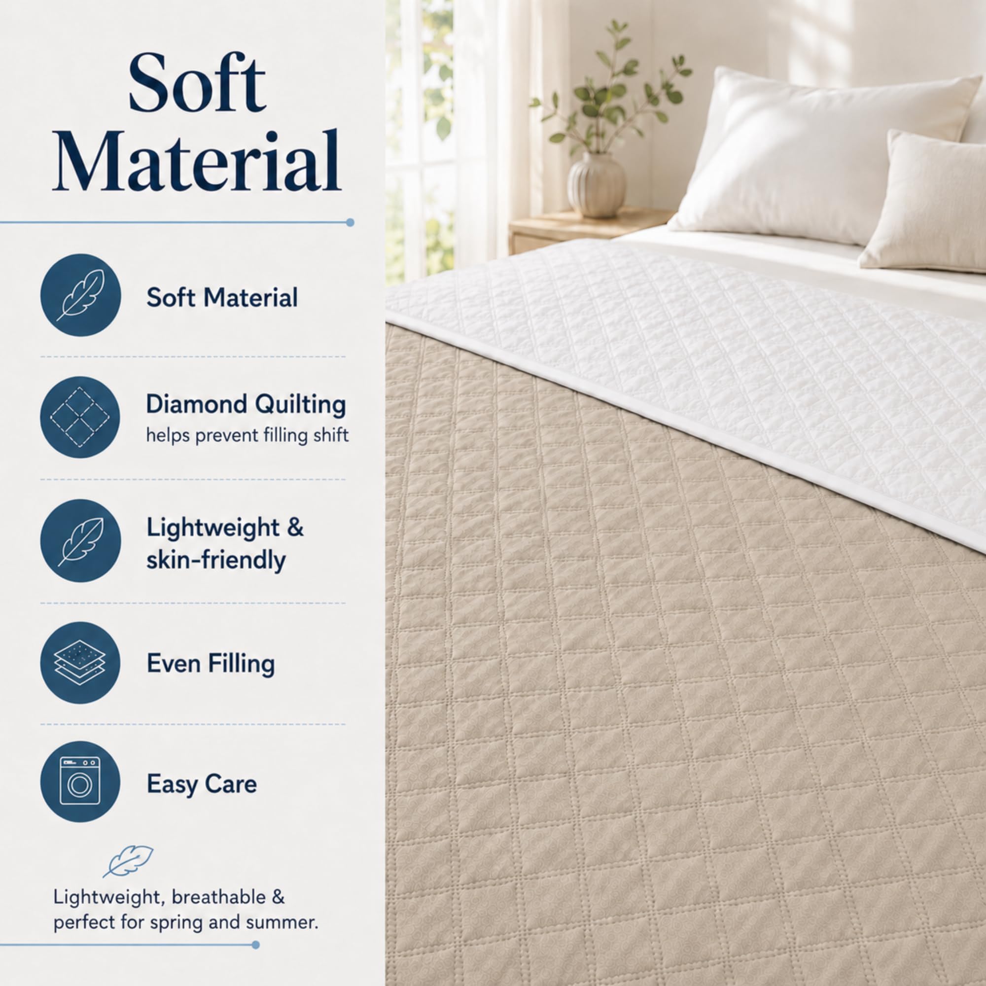 VKZ Trapuntino Matrimoniale Leggero, Piumino Estivo per Letto Matrimoniale, Trapunta Leggera Primaverile ed Estiva, Coperta Trapuntata,Beige/panna
