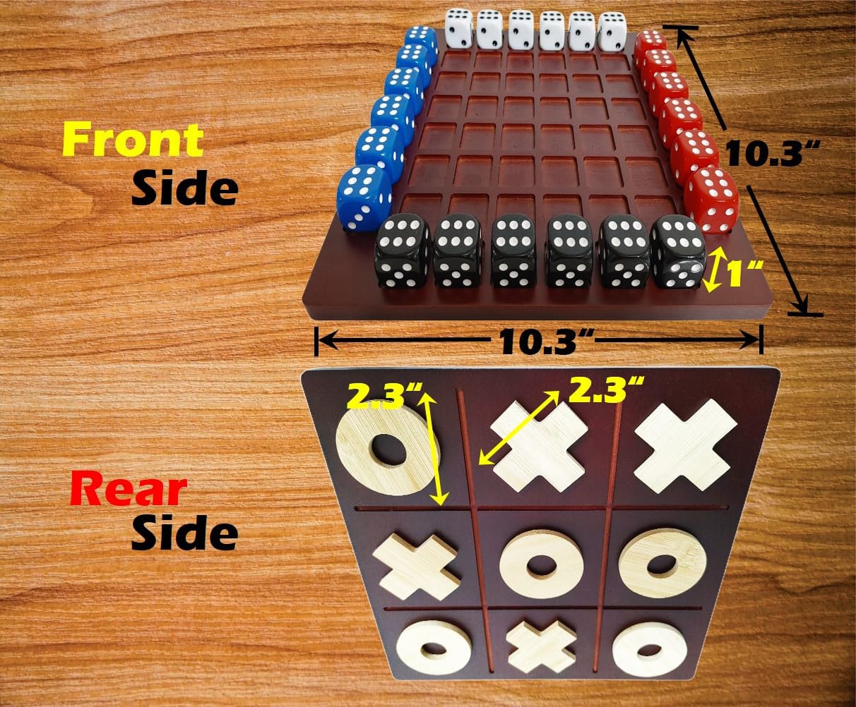 Dice Battle & TicTacToe Brettspiel-Set, langlebig, dunkel gefärbte Holz-Couchtischspiele für Erwachsene, Bar-Brettspiel, Indoor-Tischspiel und 2-4 Spieler, Holz-Tischplattenspiele (TDB-4BD)