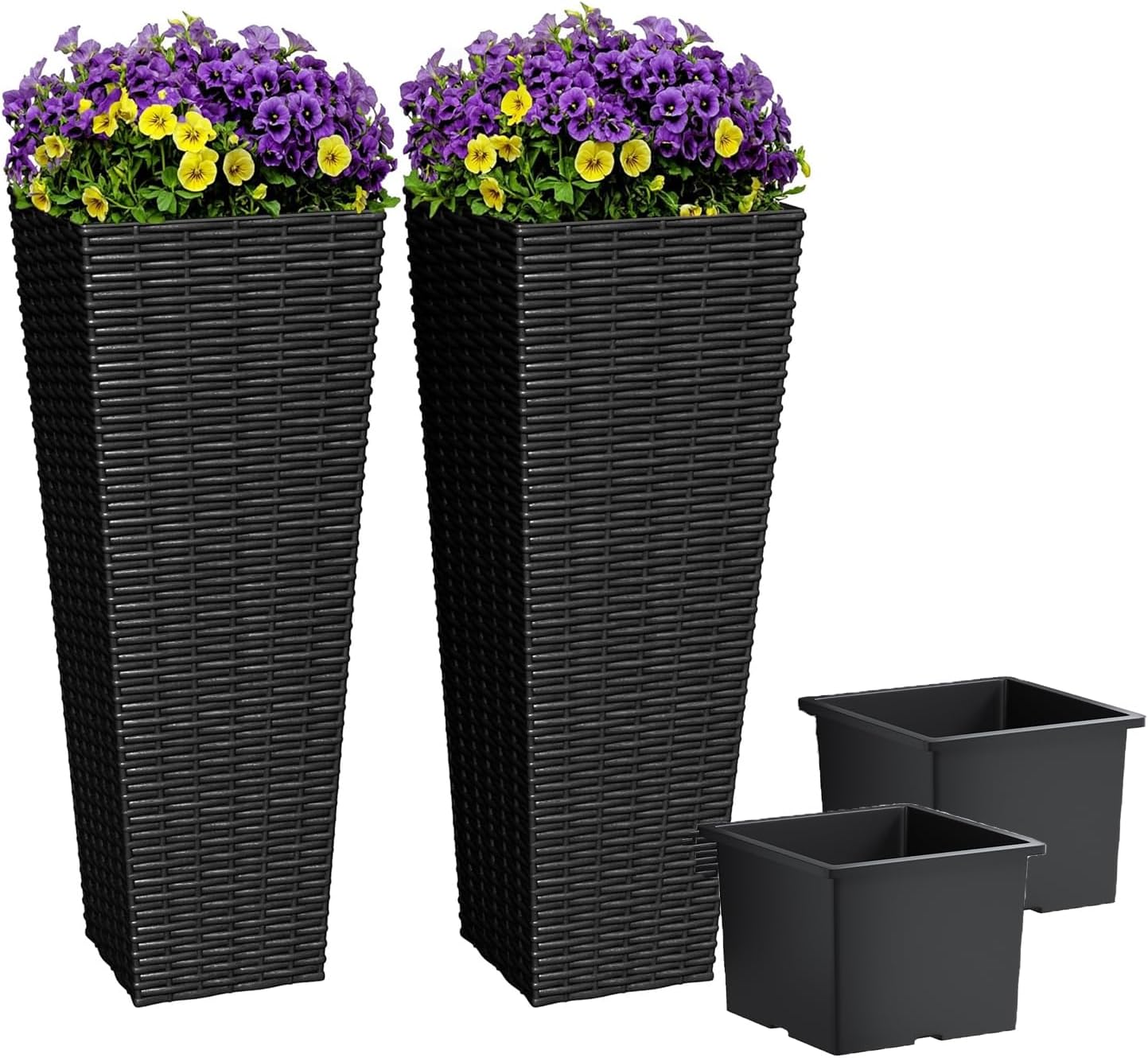 Tall Outdoor Set of 2,Tall Rectangular Resin with Removable Inner Pots, Modern Rattan Texture Tall Plant Pots with Drainage Holes for Porch, Garden, Yard (32inch)