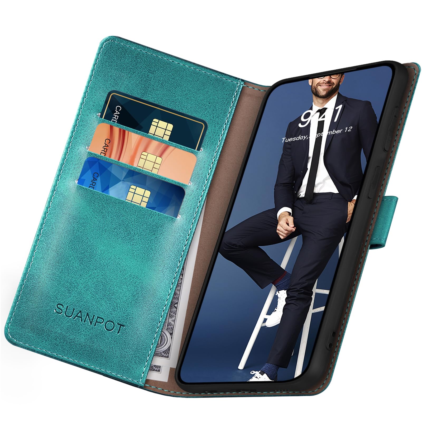 SUANPOT Funda para iPhone 16 Pro MAX 6.9" con Tapa【Bloqueo RFID】de Cuero PU Cierre Magnético，Soporte Plegable，Ranura para Tarjeta Cover para Apple 16 Pro MAX Phone Case Azul Verde