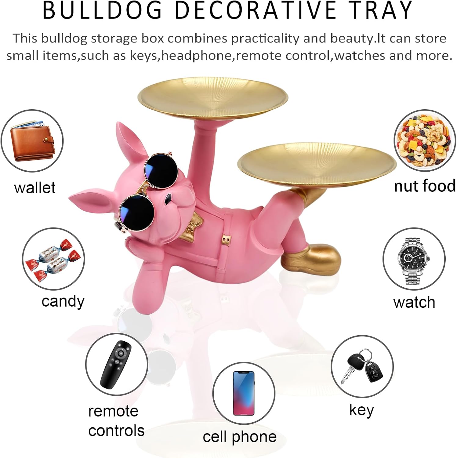 Resin French Bulldog Tray Statue, Lying Bulldog Candy Dish Key Holder Bowl, French Bulldog Accessories, Statues for Office Desk Home Decor Figurines Entryway Table Decor (Pink) - Image 7