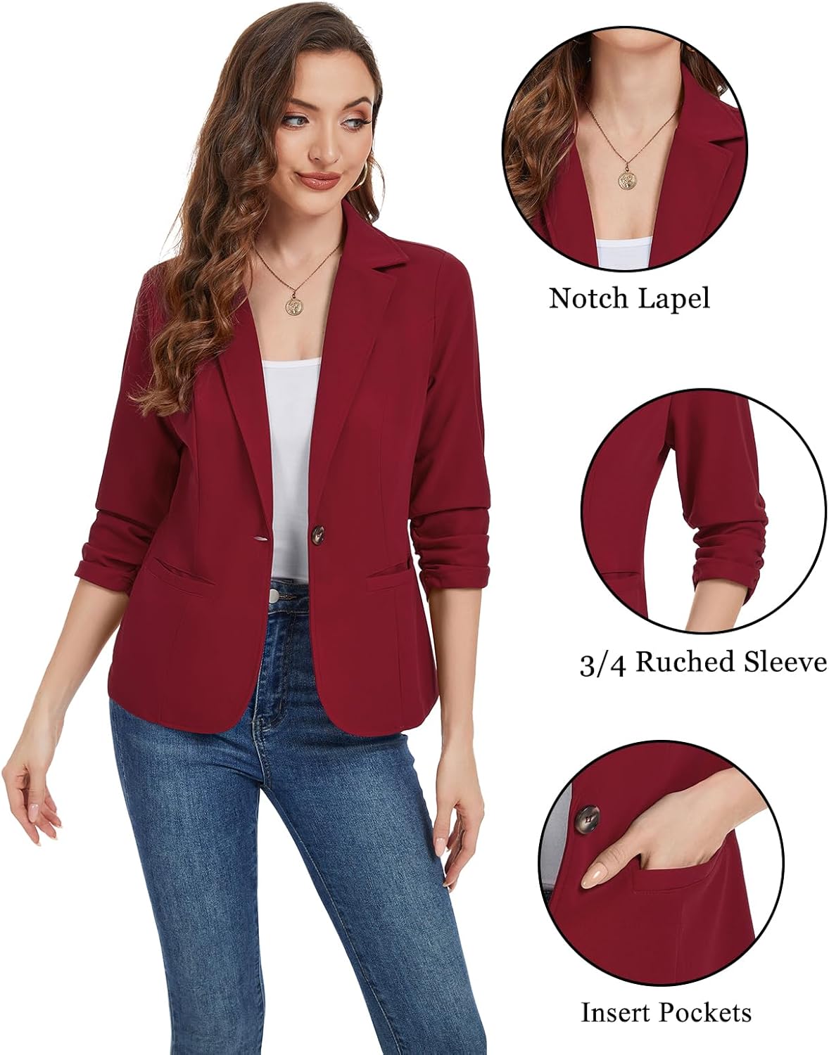 Women's Casual Blazer Jacket Elegant Work Office Dressy 3/4 Ruched Sleeve Comfortable Stretchy Blazer Outfit *Red,Size L* - Image 3