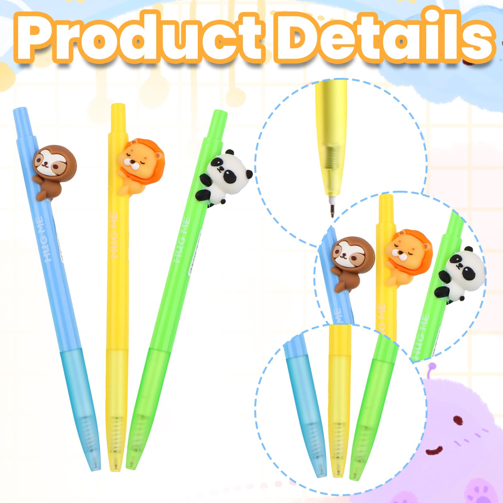 YnewL – 3 Penne Gel A Scatto Con Teste Di Animali (Leone, Panda, Bradipo) E Astuccio Panda, Inchiostro Nero 0,5 Mm