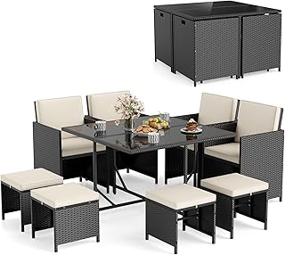 Tangkula 9 Piece Patio Dining Set, Rattan Chairs with Tempered Glass Tab...