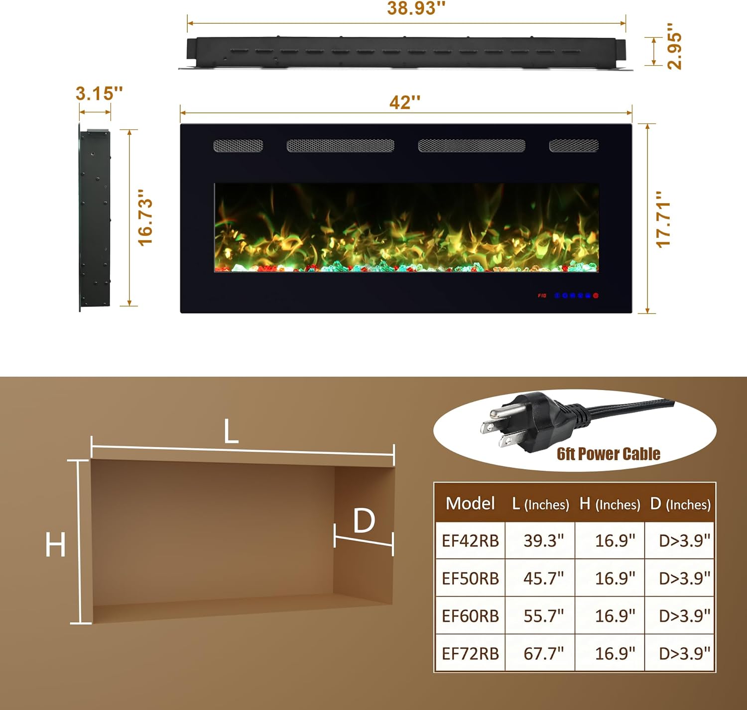 42 Inch Ultra Thin Electric Fireplace Heater, Recessed & Wall Mounted Electric Fireplace Insert with Thermostat, 13 Flame Colors, Remote Control, 750/1500W for Living Room Bedroom