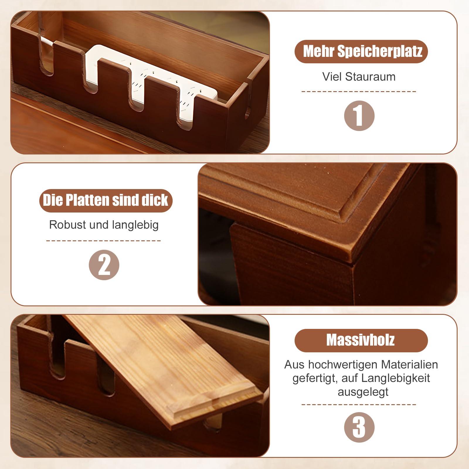 Massivholz Kabelmanagement Box 37,8x14x12cm - Große Kabelbox zum Verstecken von Steckdosenleisten und Kabeln - Braun Holz Kabel Organizer für Schreibtisch, TV und Büro - Kinder- und Haustiersicher