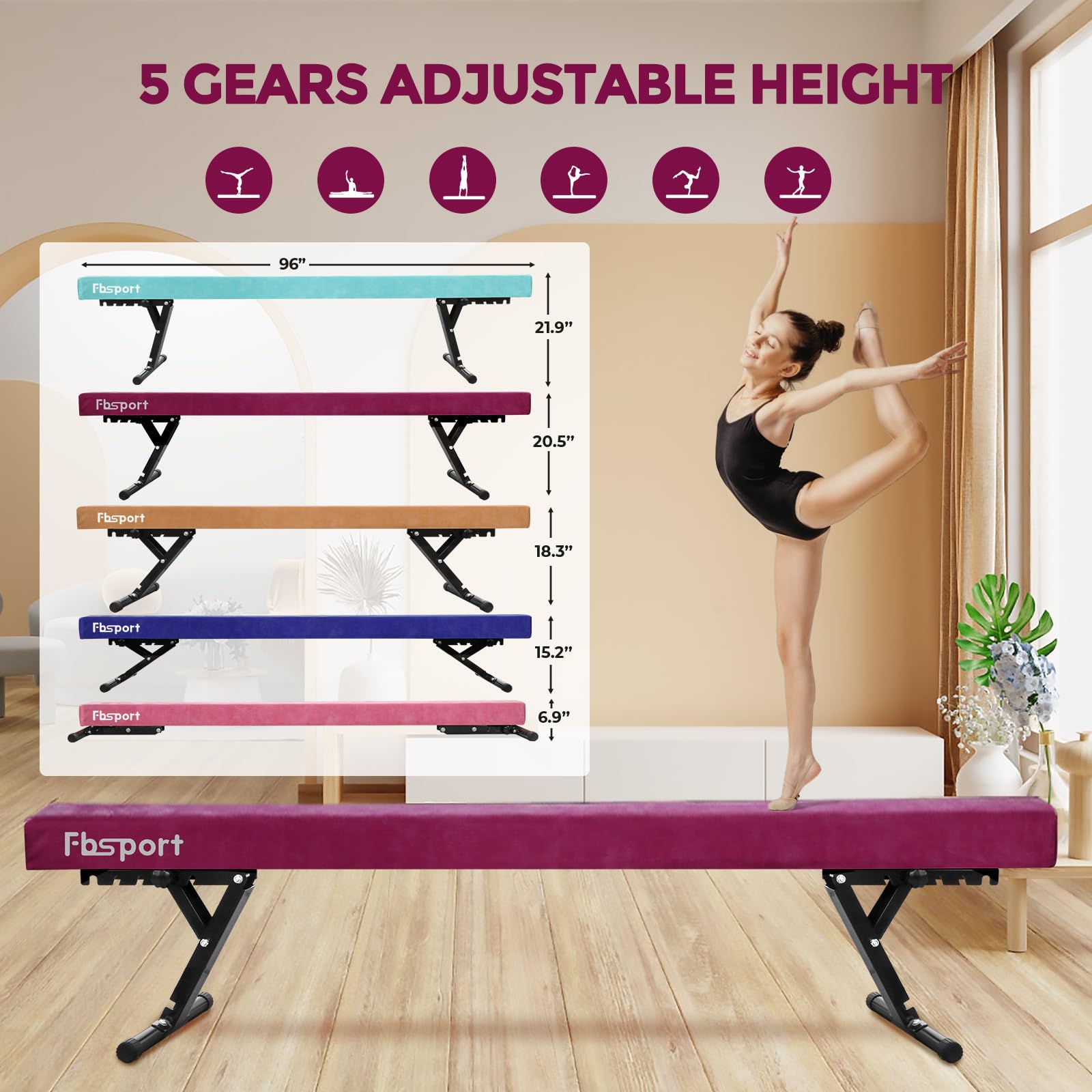 FBSPORT Poutre d'équilibre de Gymnastique réglable de 244 cm, 5 hauteurs réglables, Poutre de Sol Haute et Basse, très Stable, équipement d'entraînement pour Enfants