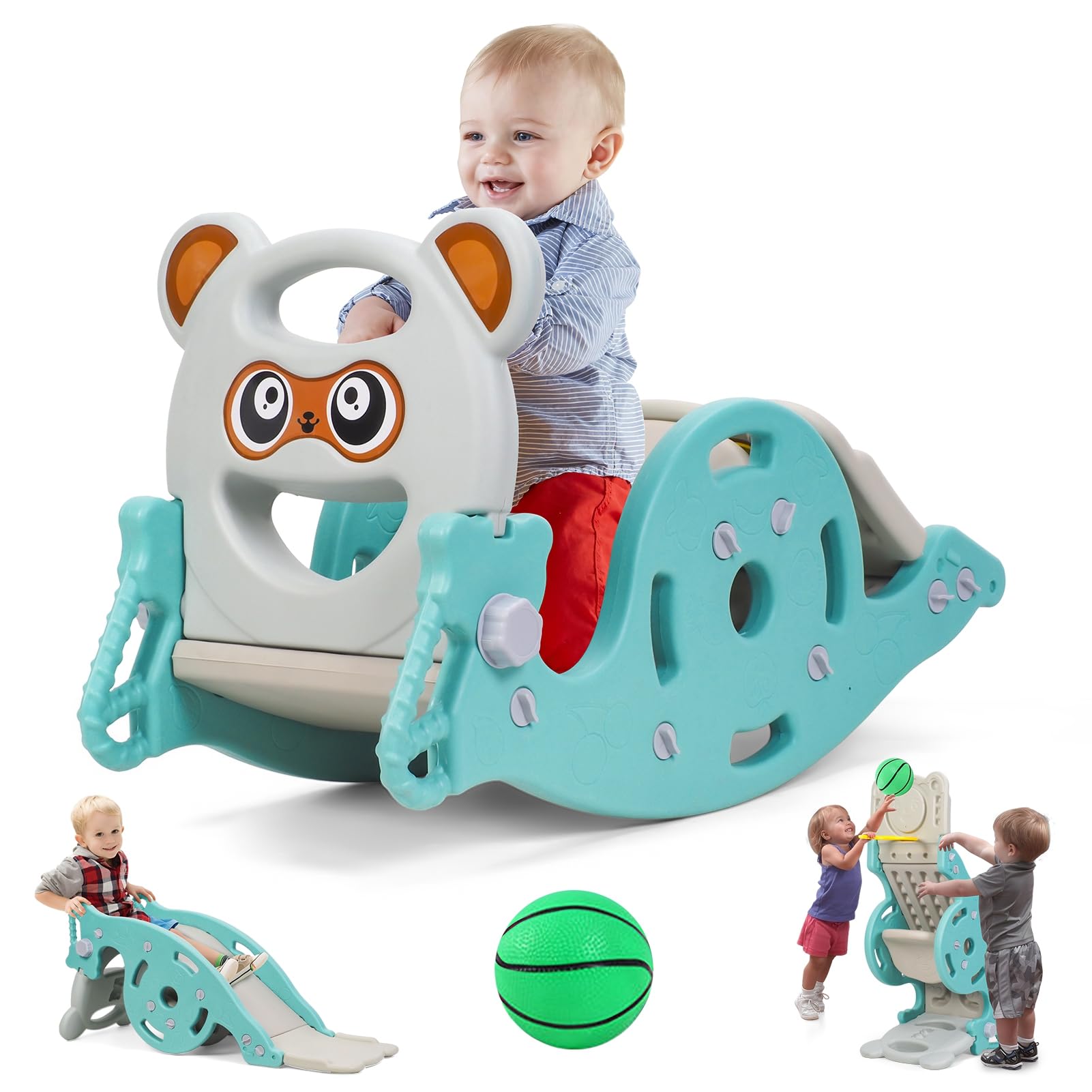 Caballo oscilante 4 en 1 con tobogán y cesta de baloncesto, juguete de bebé convertible para niños, regalo infantil para interior y exterior verde