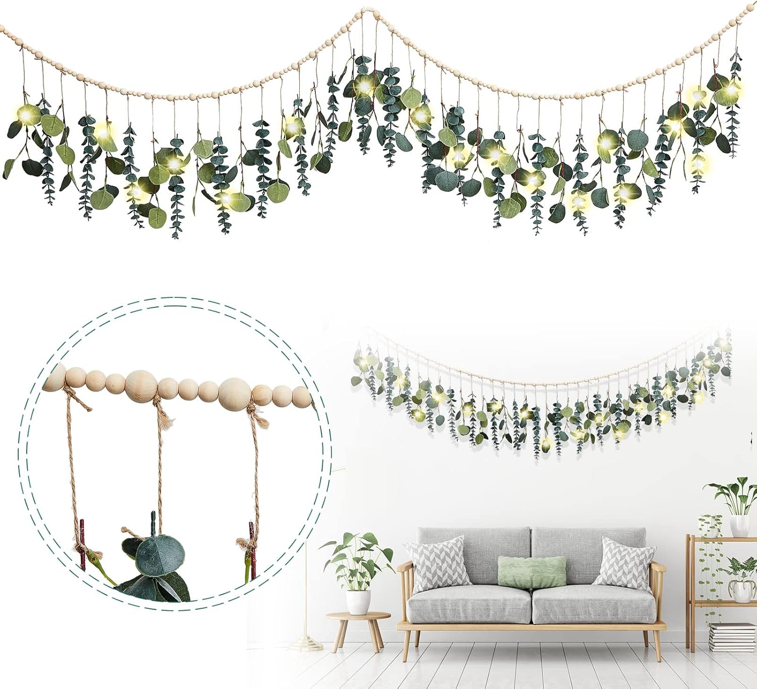 Juexica Artificial Eucalyptus Fall Wall Decor Boho Hanging with LED Light Farmhouse Artificial Greenery Modern Decor with LED for Fall Home Bedroom Office Bathroom Kitchen