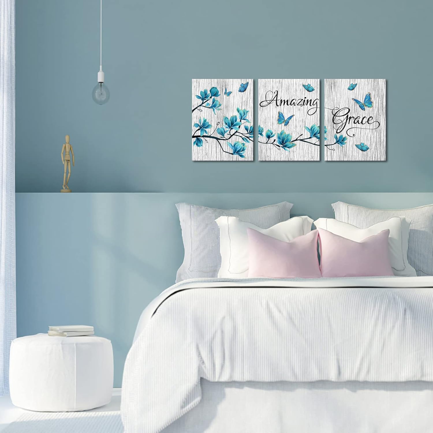 Welmeco 3 Pieces Turquoise Blue Magnolia Flowers Butterflies Painting Canvas Wall Art Amazing Grace Quote Sign Picture Rustic Wood Texture Giclee Prints Artwork for Modern Living Room Bedroom Office