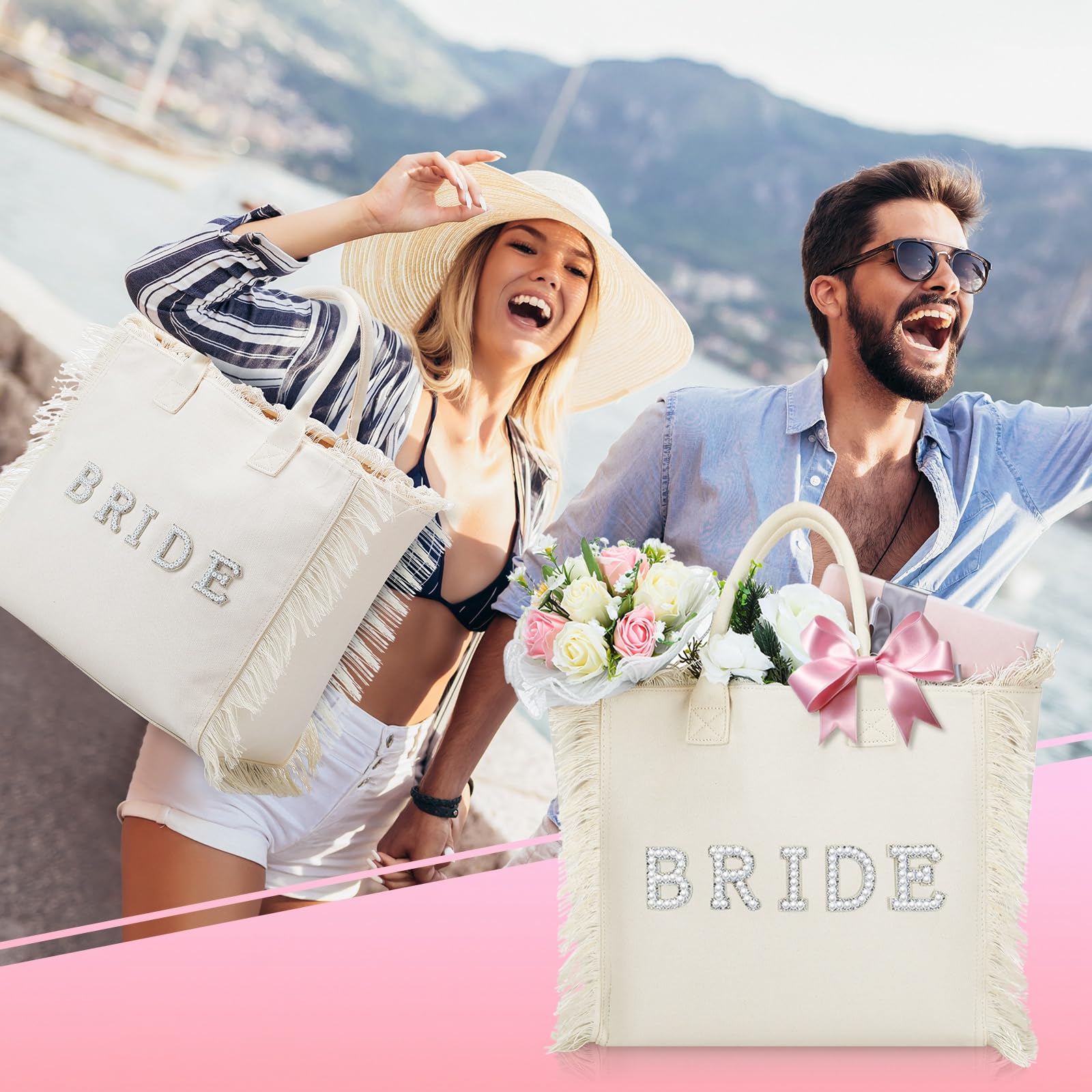 Bolsa de mano para regalos de novia en la playa, regalo grande de despedida de soltera, con perlas y diamantes de imitación, para compromiso, despedida de soltera, Beige 7