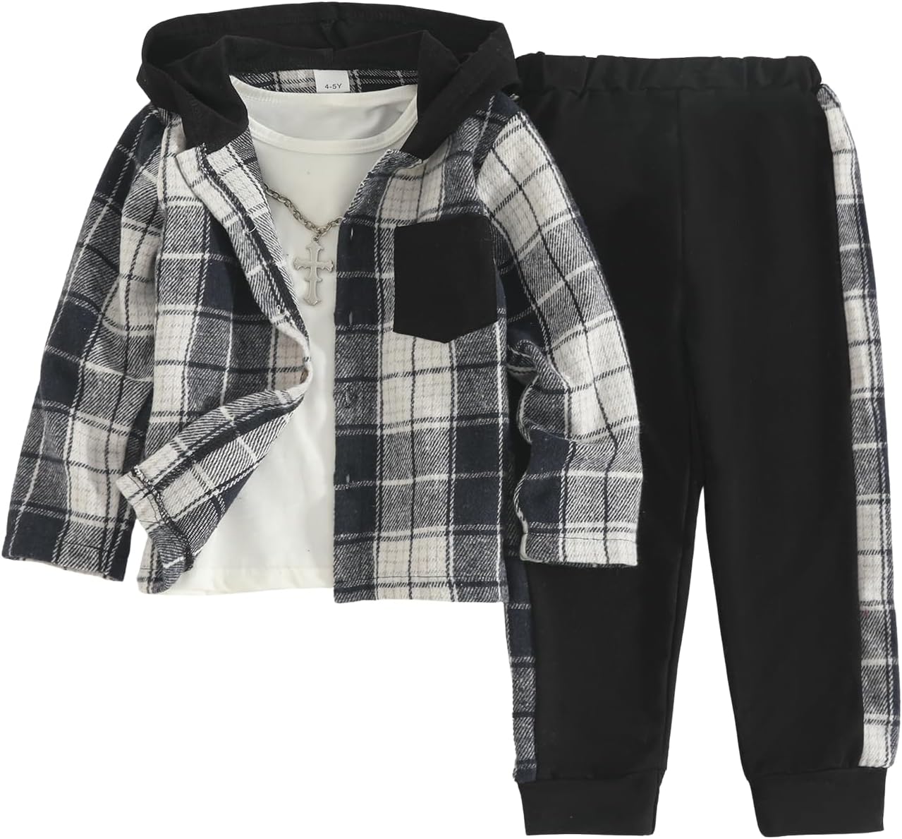Boys Clothes Plaid Hooded Shirt 2pcs Outfit, Button Front Toddler Fall Winter Hoodie & Sweatpants Set, 4-8 years