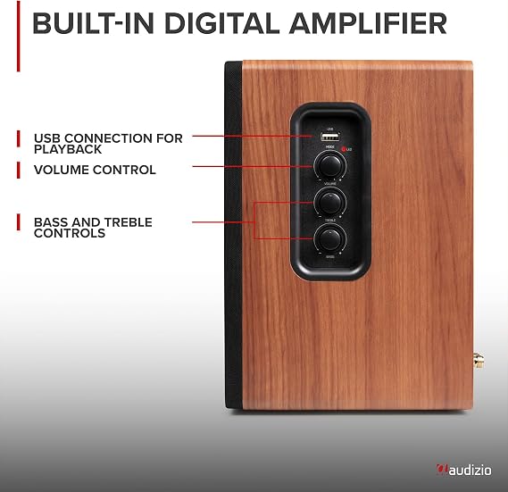 Audizio KS01B Active Bluetooth Bookshelf Speakers, 120W HiFi Home Audio Set, Wood Finish, Optical & RCA Inputs, USB Playback, Wireless Remote, Bass & Treble Controls, Compact Stereo Speakers