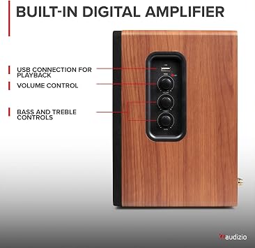 Audizio KS01B Active Bluetooth Bookshelf Speakers, 120W HiFi Home Audio Set, Wood Finish, Optical & RCA Inputs, USB Playback, Wireless Remote, Bass & Treble Controls, Compact Stereo Speakers