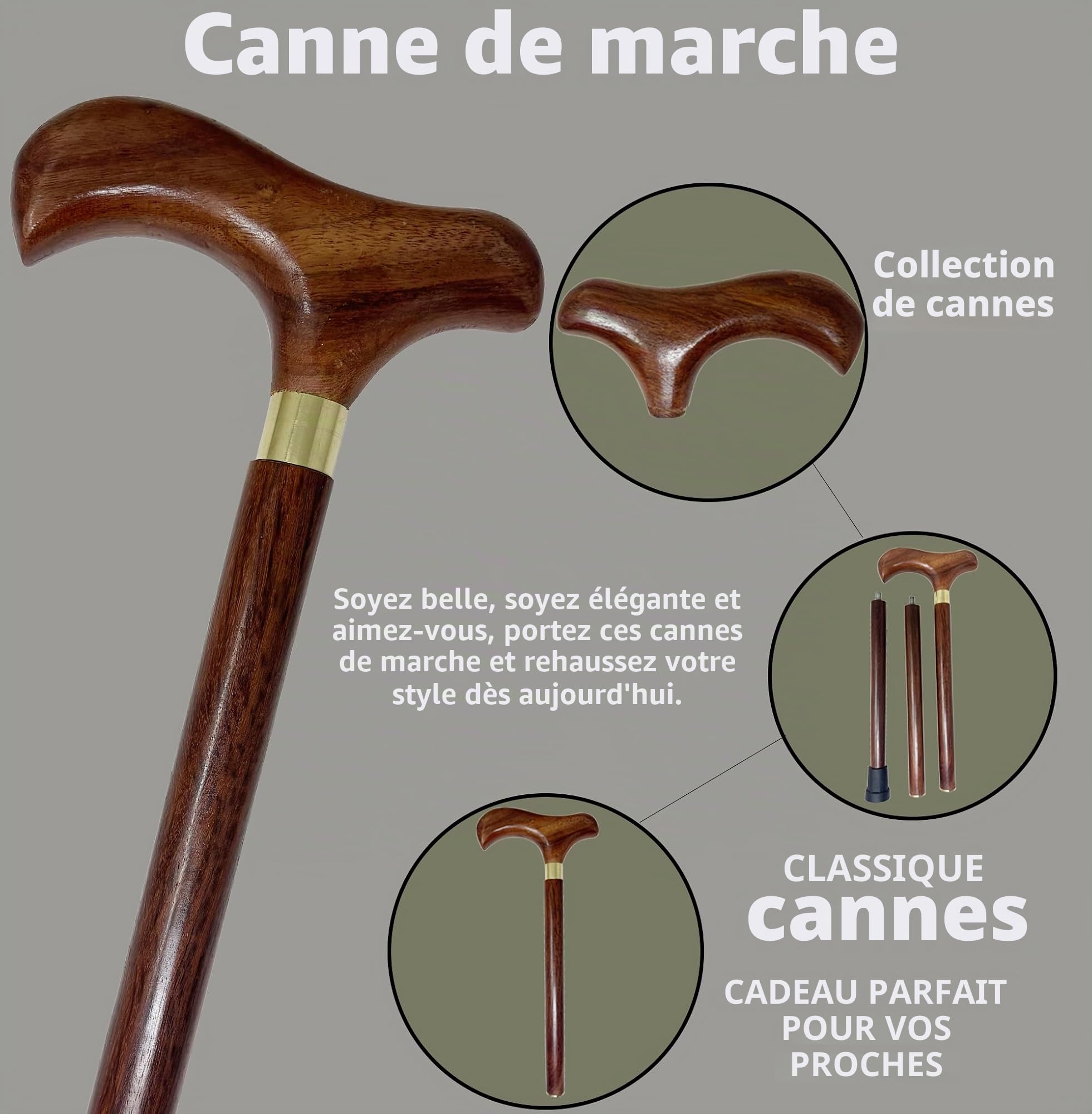 Canne de marche en bois faite à la main | Canne de marche avec poignée en laiton, 2 embouts en caoutchouc pour homme, femme, personnes âgées – 91,4 cm environ – Idée cadeau Galaxy Indiacraft