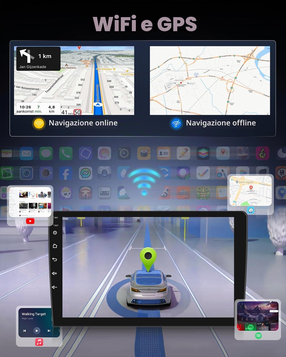 NHOPEEW Autoradio 2+64G per Lancia Ypsilon 2006-2011 con supporto per CarPlay wireless e Android Auto Mirror Link navigazione GPS comandi al volante 40 temi dell'interfaccia utente e video online