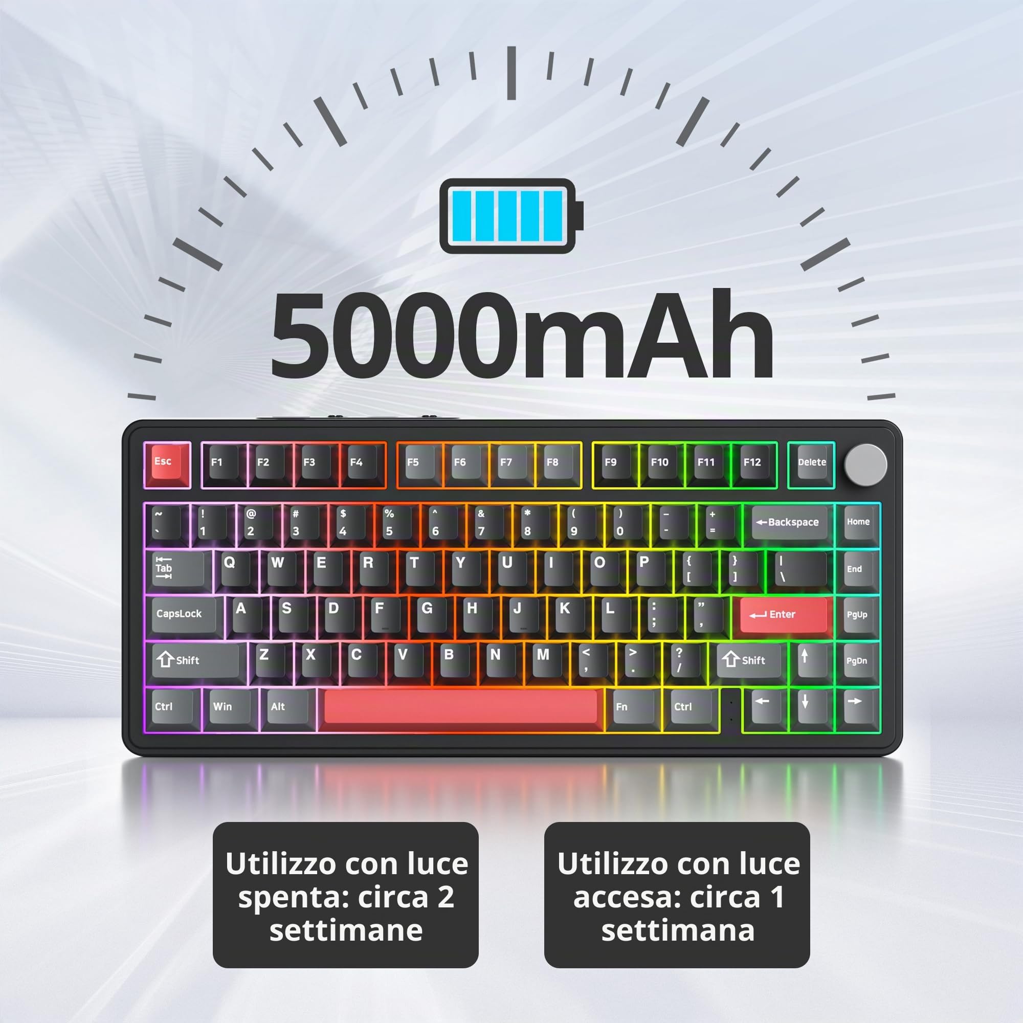 SOLIDEE tastiera gaming meccanica 75 percento con manopola,Bluetooth 5.0/2.4GHz/USB-C tastiera meccanica gasket,tastiera hot swappable South Facing Keycaps,RGB Retroilluminata per Win Mac(Shadow Red)