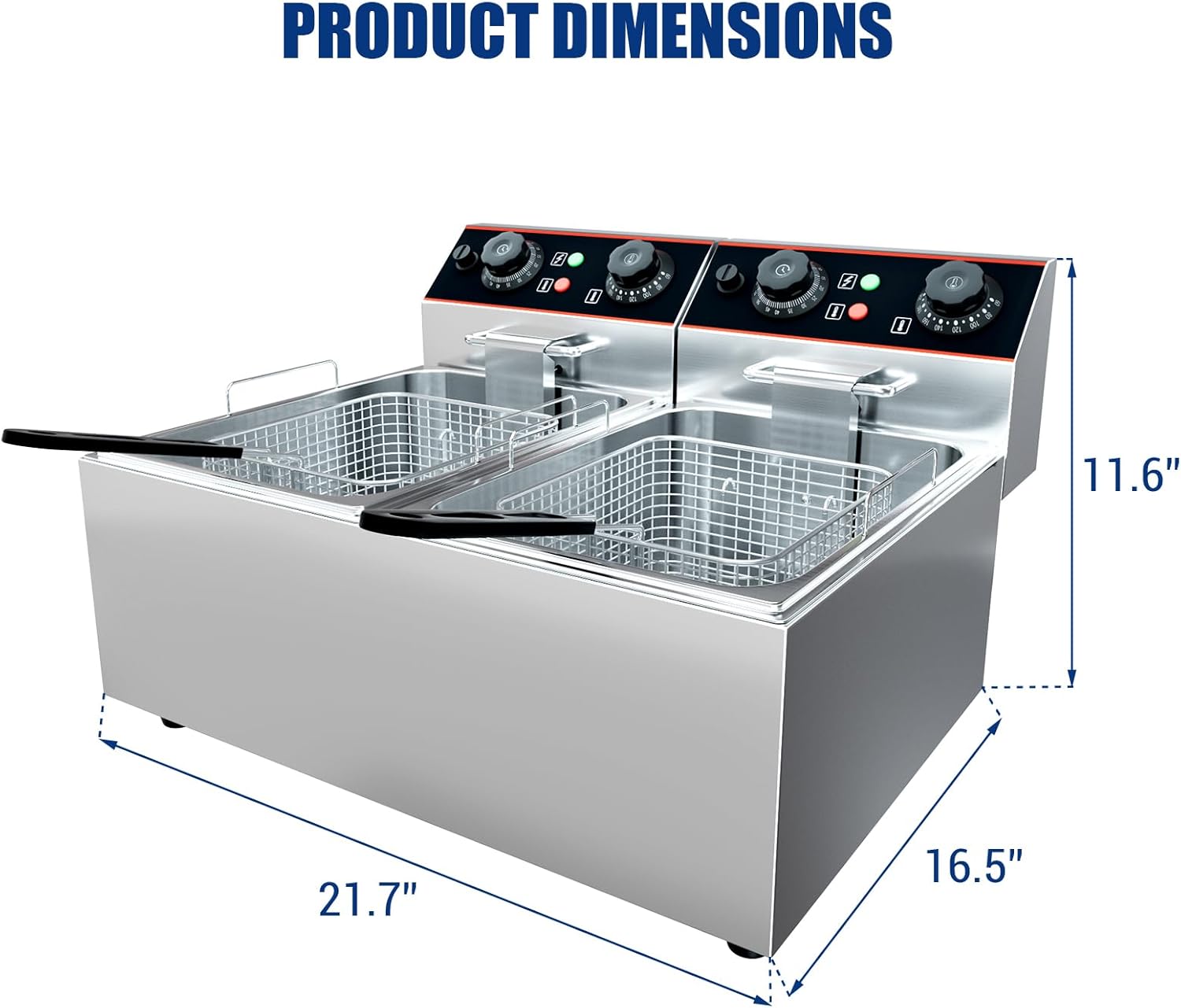 12.6 QT Commercial Deep Fryer with Double Basket Electric, Stainless Steel Deep Fryer with Independent Temperature Control for Restaurant and Home, 3000 W