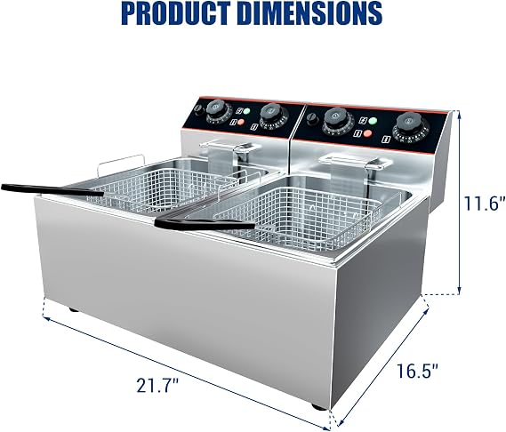 GarveeHome Commercial Deep Fryer with Basket, 12.6 QT Stainless Steel Electric Countertop Fryer with Double Tanks and Temperature Control for Restaurant and Home Use, 1500 W+1500 W