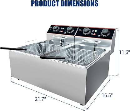 GarveeHome Commercial Deep Fryer with Basket, 12.6 QT Stainless Steel Electric Countertop Fryer with Double Tanks and Temperature Control for Restaurant and Home Use, 1500 W+1500 W