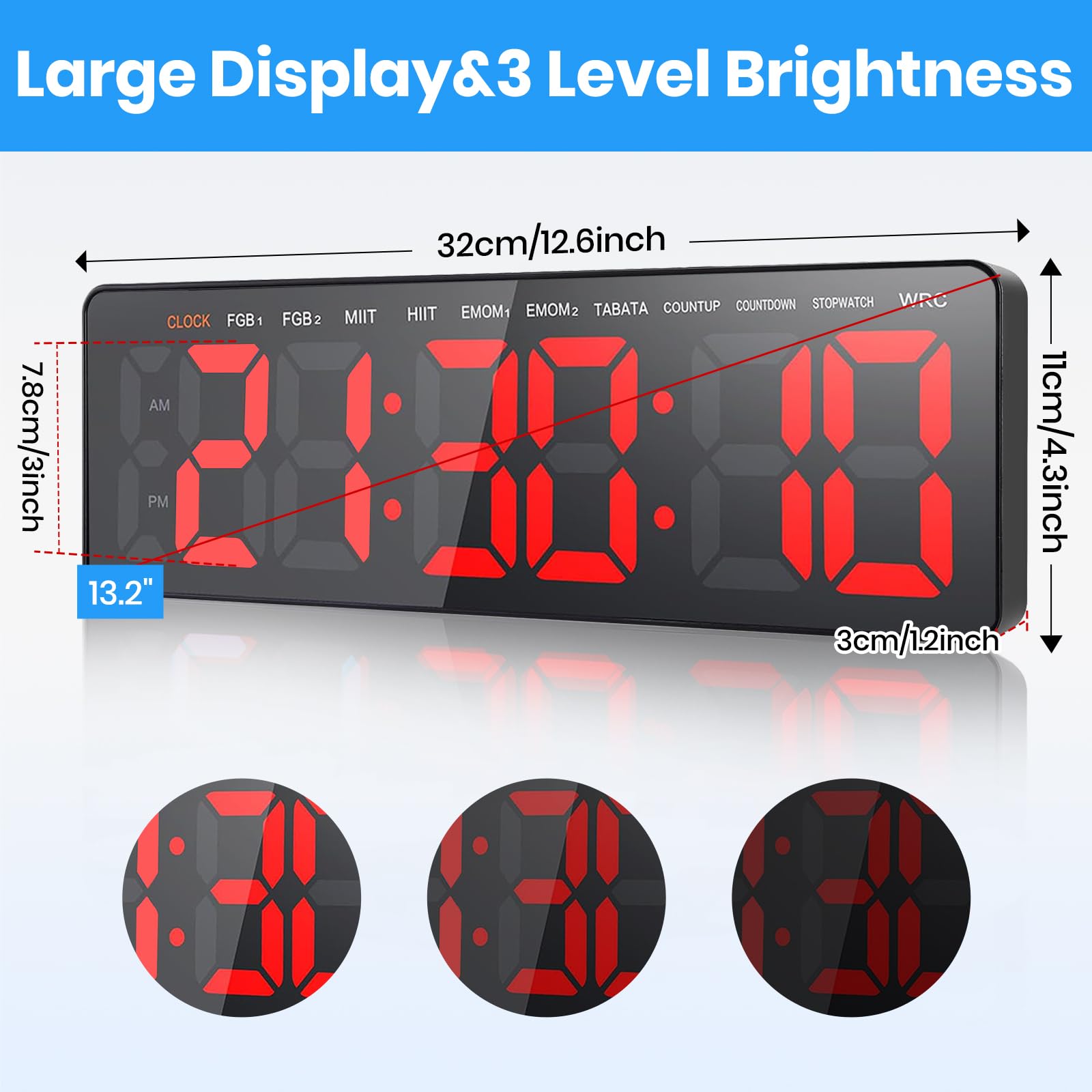 Timer Palestra da Parete,13.2" Orologio da Parete Digitale, Gym Timer Intervallo Fitness LED con CountDown/Up Cronometro, Luminosità & Volume Regolabile, Telecomando per Casa Garage Esterno