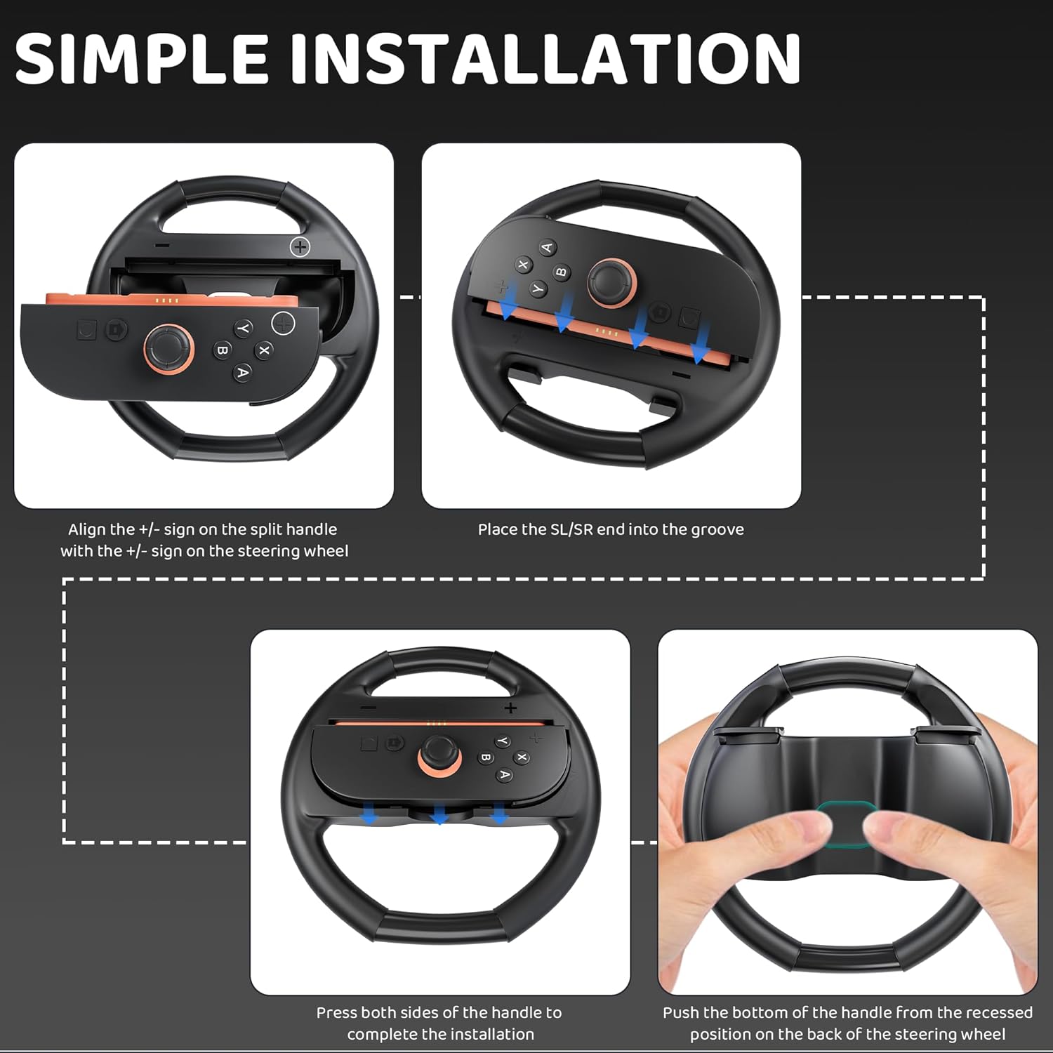 PAWDIARY Switch 2 Sport Accessories Kit with 2PCS Switch 2 Steering Wheels + 2PCS Switch 2025 Controller Grip, Family Switch 2 Game with 8 Thumb Caps (4 Sets Black) - Image 7