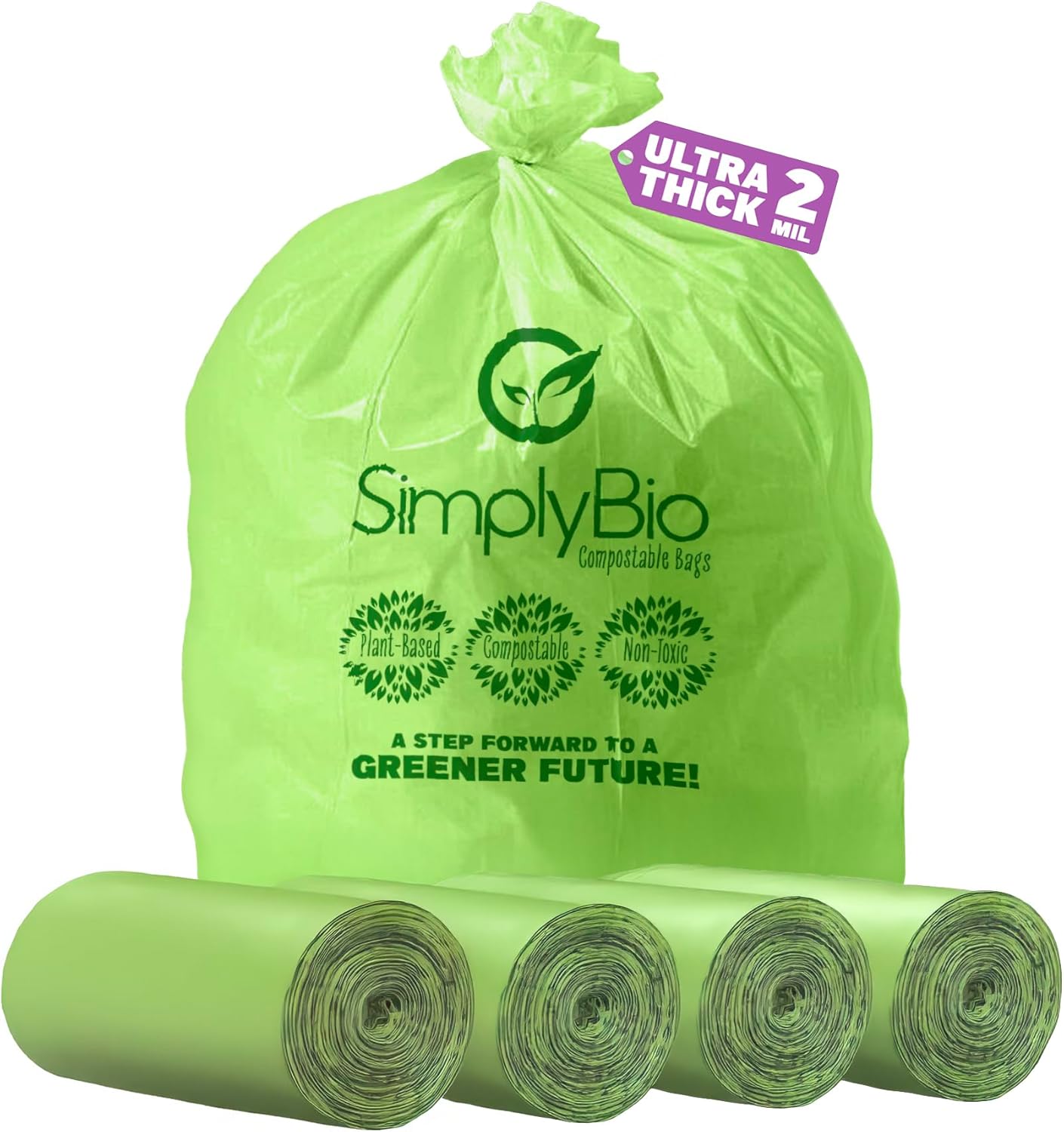 Simply Bio 56-60 Gallon Compostable Trash Bags Liners Flat-Top, Heavy Duty Extra Thick 2 Mil, 227.12 Liter, 80 Bags, Lawn, Yard, and Restaurant Use, ASTM D6400, US BPI, OK Compost Home Certified