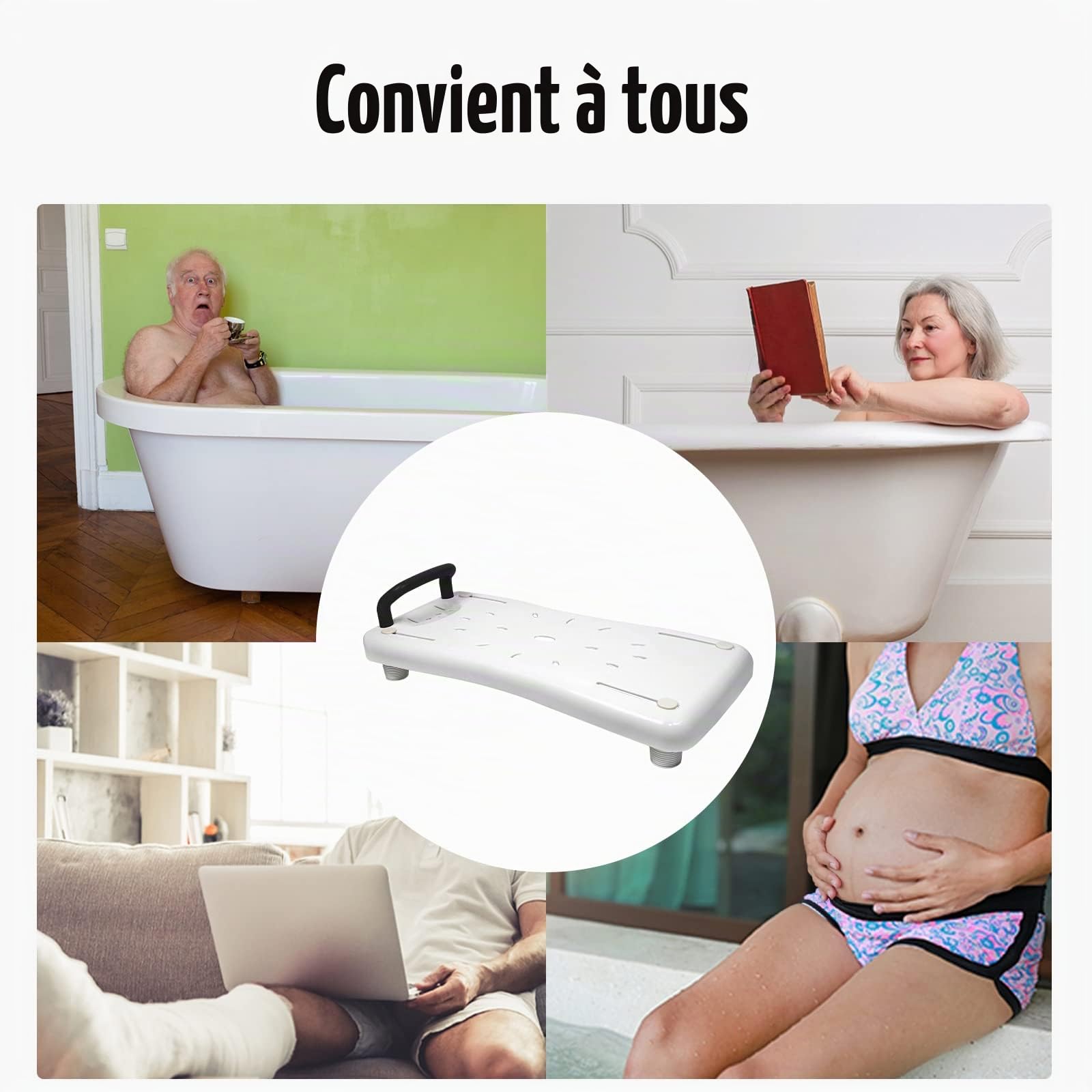 HENGMEI Siège de bain, pour personnes âgées, baignoire, aide à l'entrée, siège réglable en plastique, pour adultes, planche de douche avec porte-savon et poignée, poignée noire