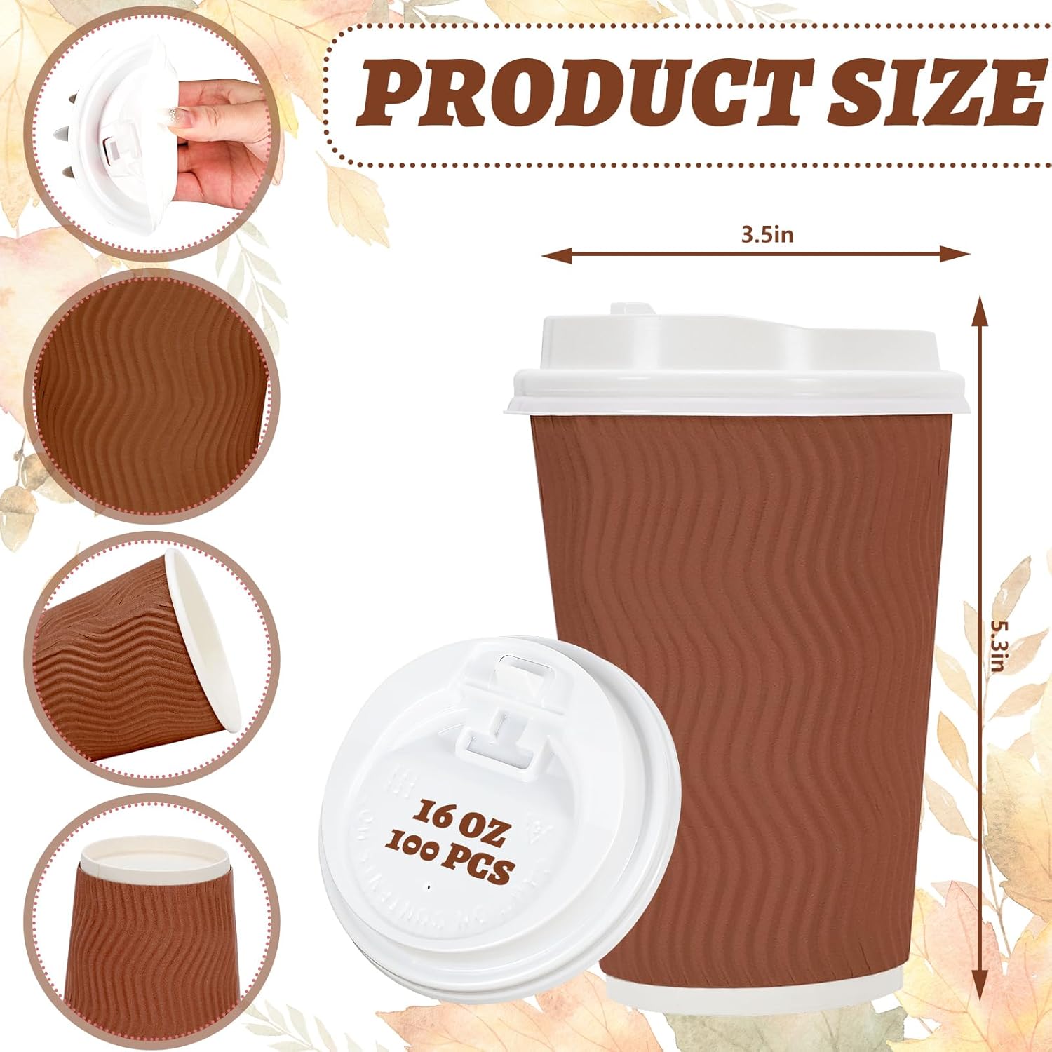 JarThenaAMCS 100Pcs Orange Disposable Coffee Cups with Lids 4 Gradient Orange Paper Cups Corrugated Ripple Wall Insulated Hot Cups for Fall Thanksgiving Party Supplies