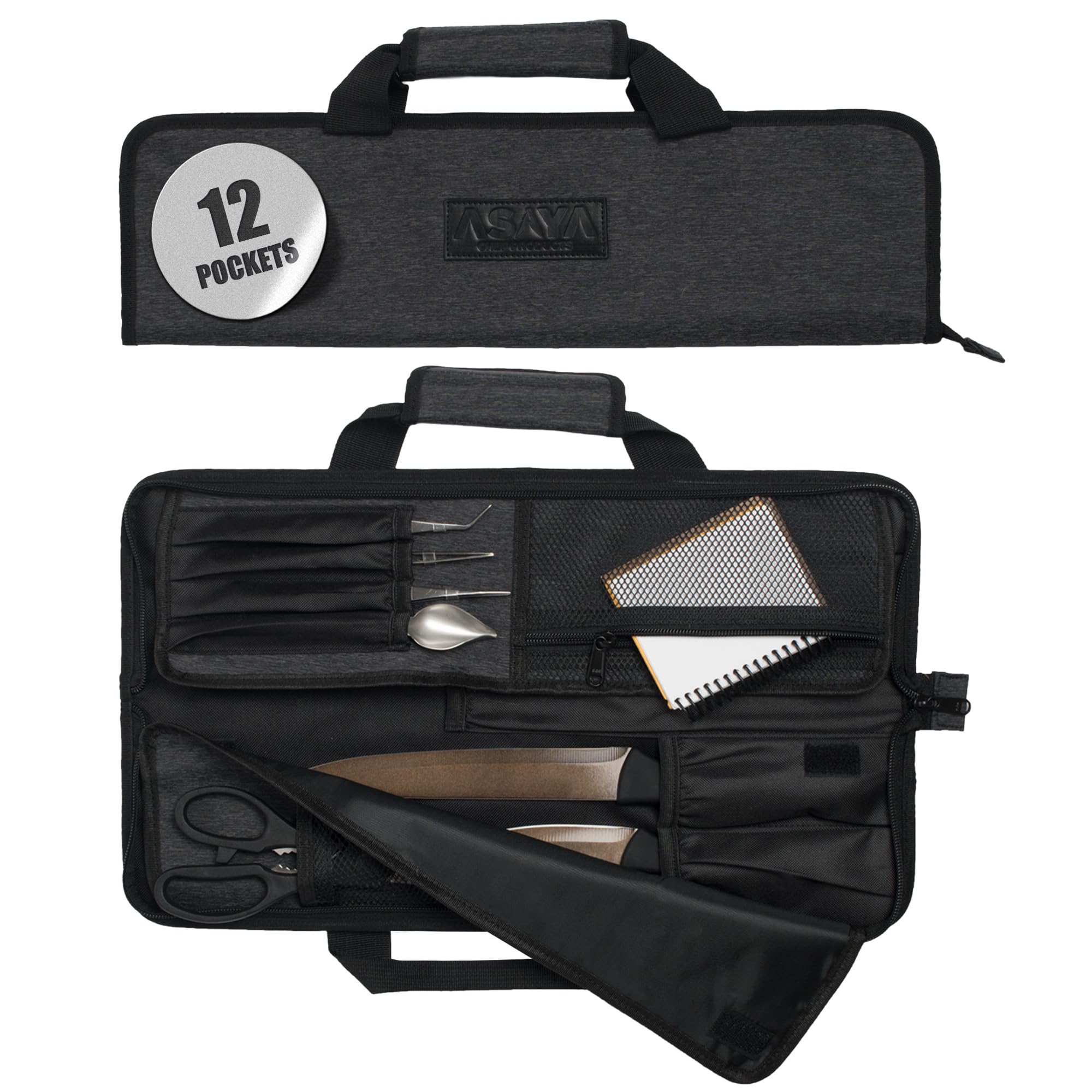 Asaya Chef Knife Roll Bag - 12 Pockets for Knives and Kitchen Utensils - Lightweight, Durable, and Stain Resistant Nylon - Perfect for The Traveling Chef - Knives not Included